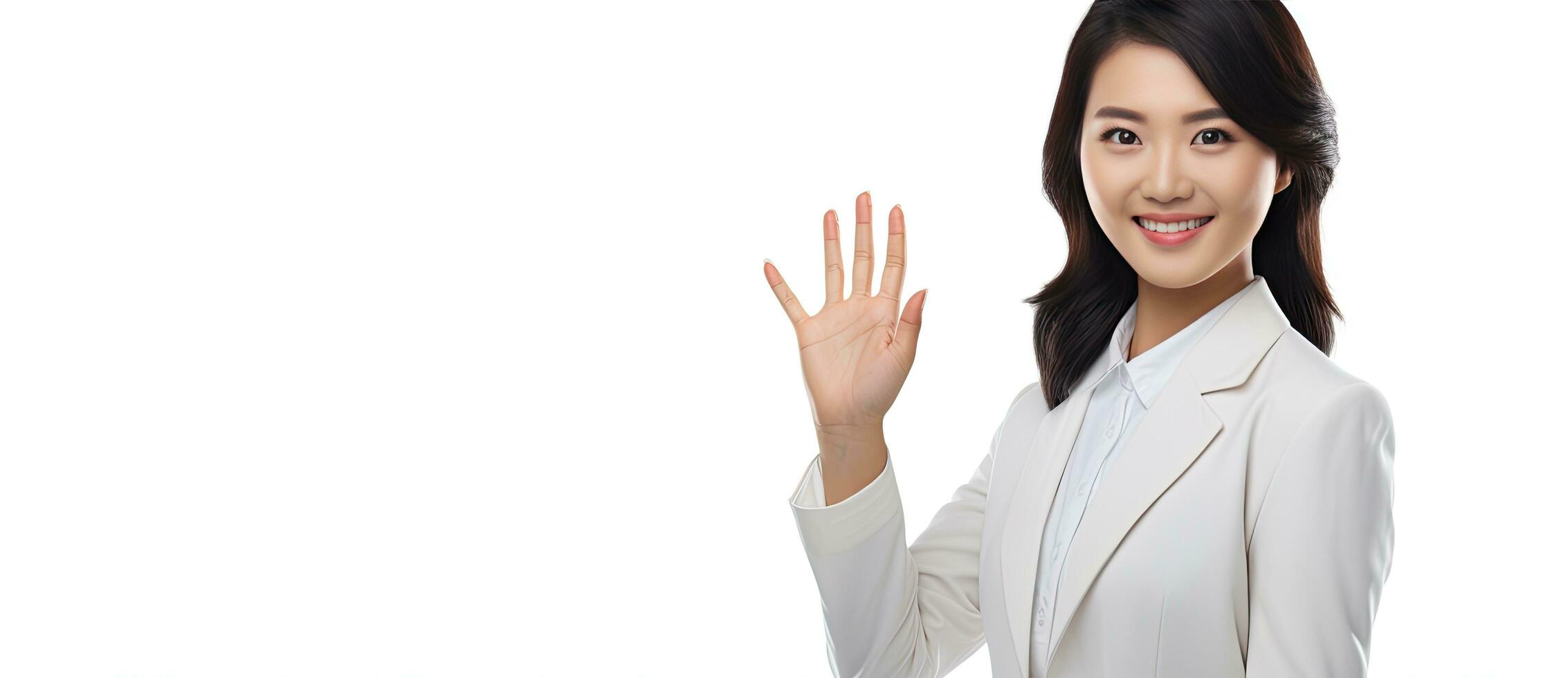 Asian woman displaying an open hand prompt with room for product on white backdrop photo