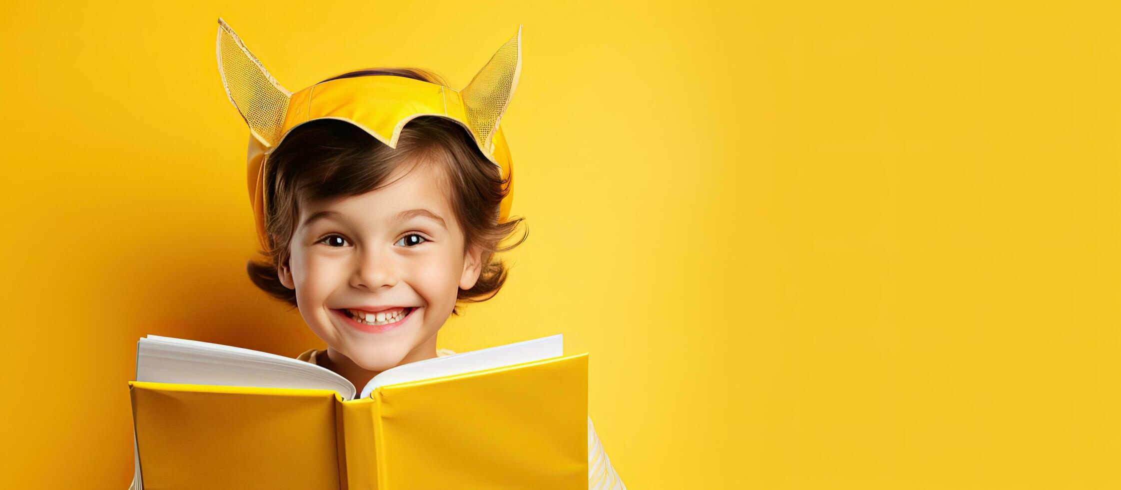 Happy preschool boy with book on head and bag against yellow background photo