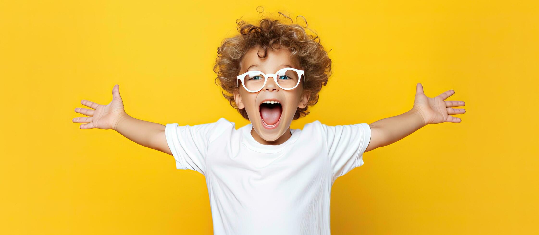 A joyful boy in a white shirt is raising his arms and experiencing bliss while standing against a yellow backdrop photo