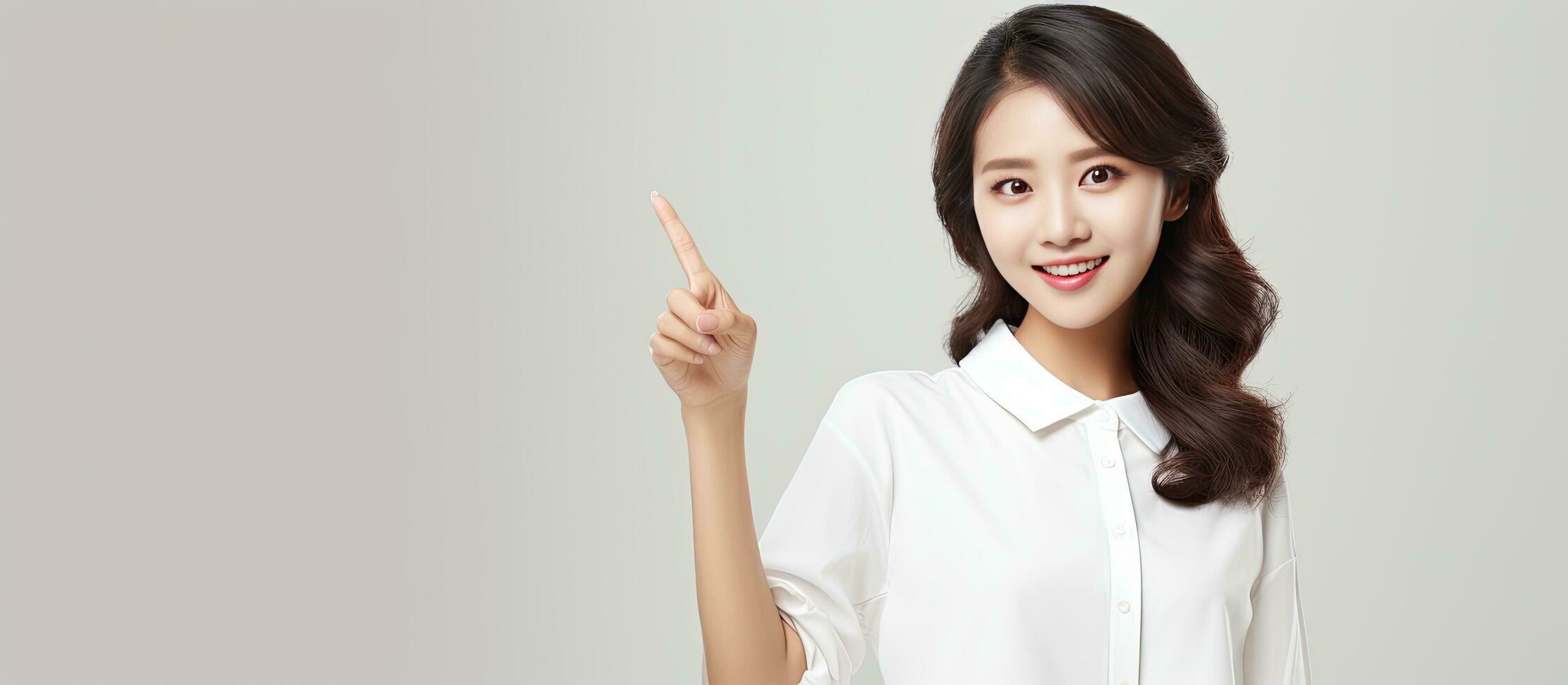 Smiling Asian woman in white shirt pointing to empty space photo