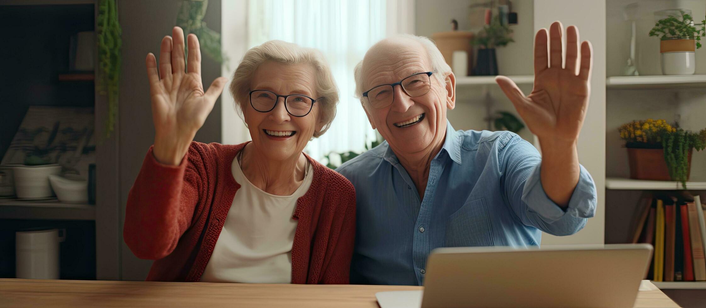 Elderly couple happily video conferencing on tablet photo