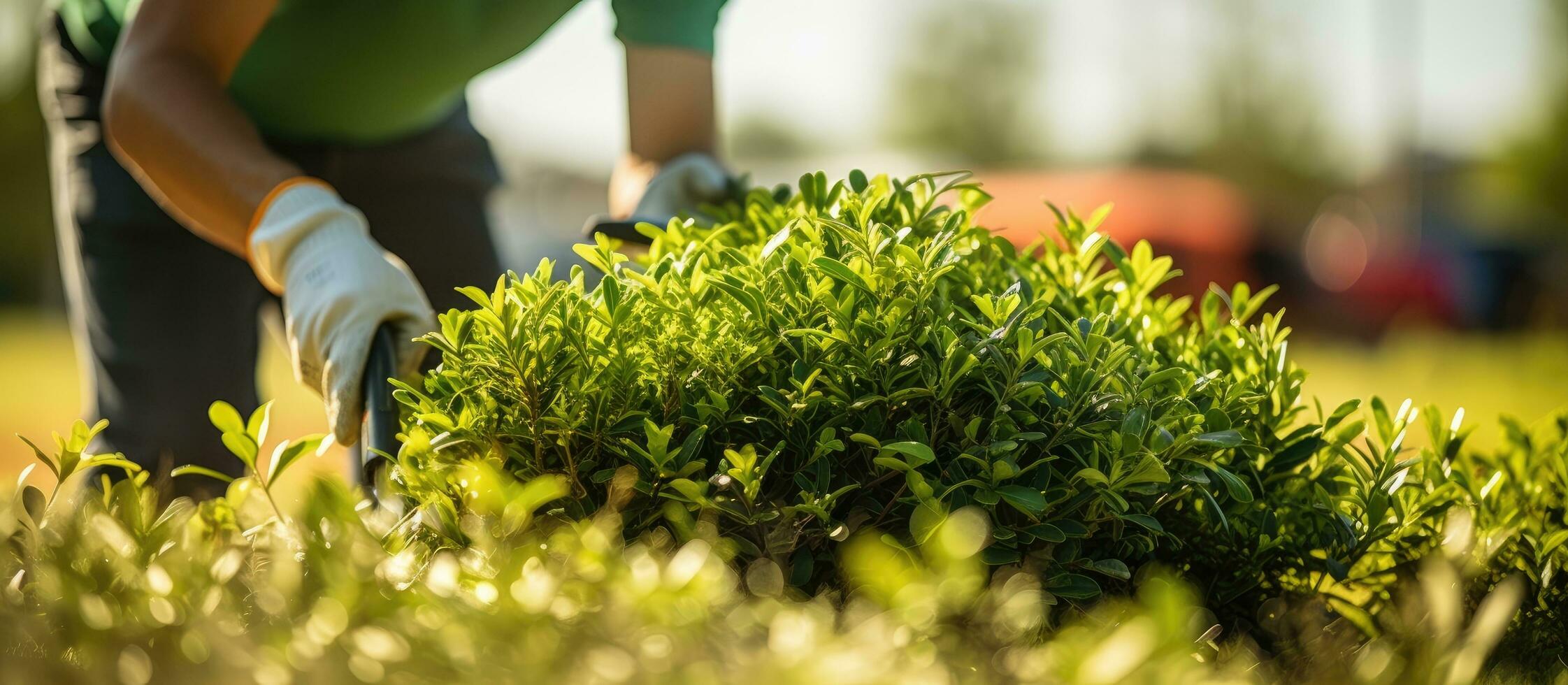 Professional landscaper trimming shrub with garden scissors Background blurred Copy space available photo