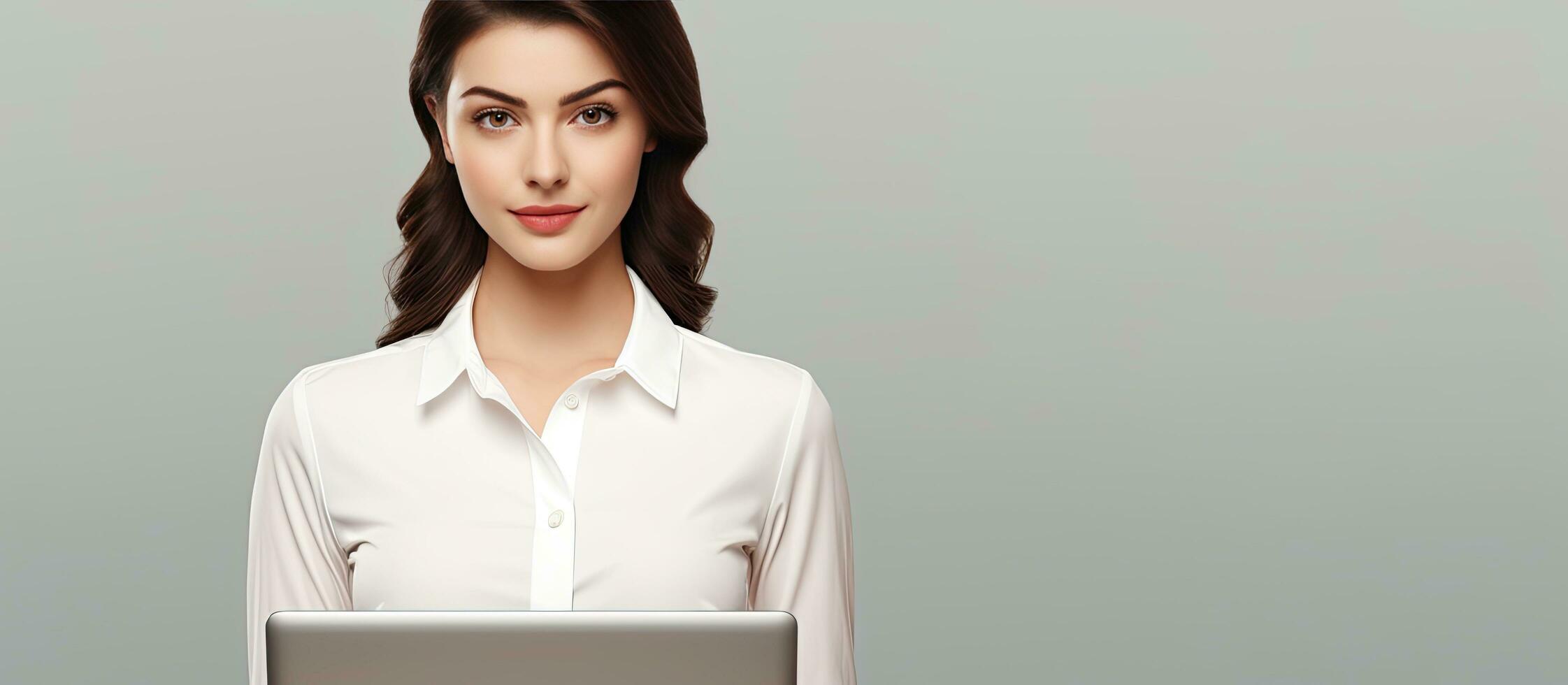 Isolated portrait of confident businesswoman presenting laptop screen copy space photo