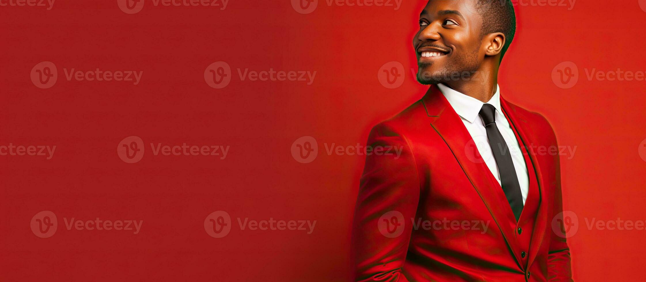 Portrait of a young confident African American businessman in a stylish suit standing with crossed hands and a smile against a vibrant red background photo