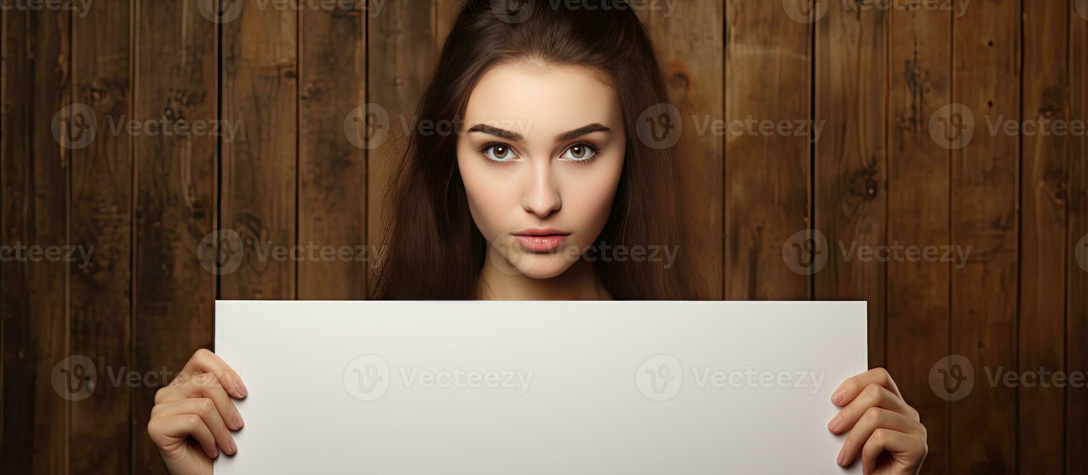 Attractive girl with blank white banner on brown background for design photo