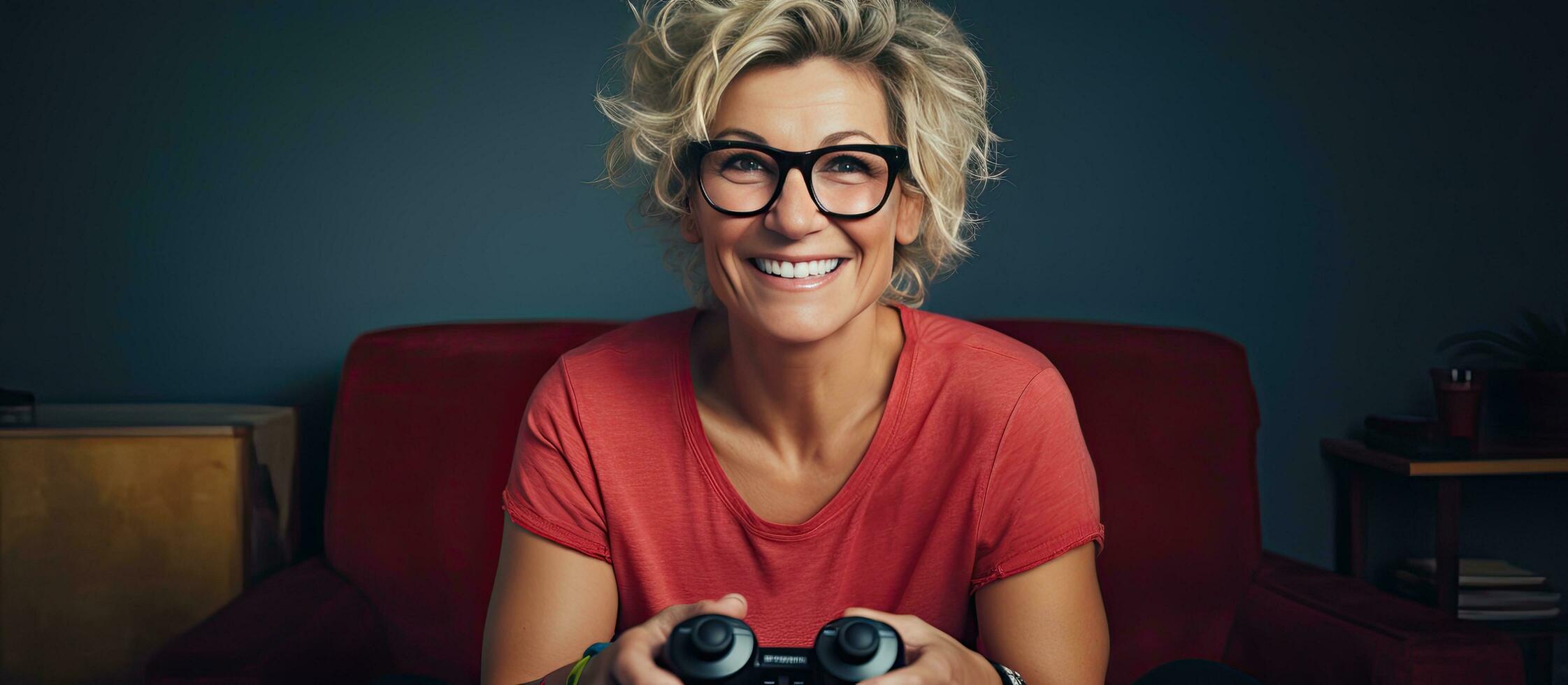 A happy Caucasian woman with glasses plays a video game console at home smiling and celebrating a win photo