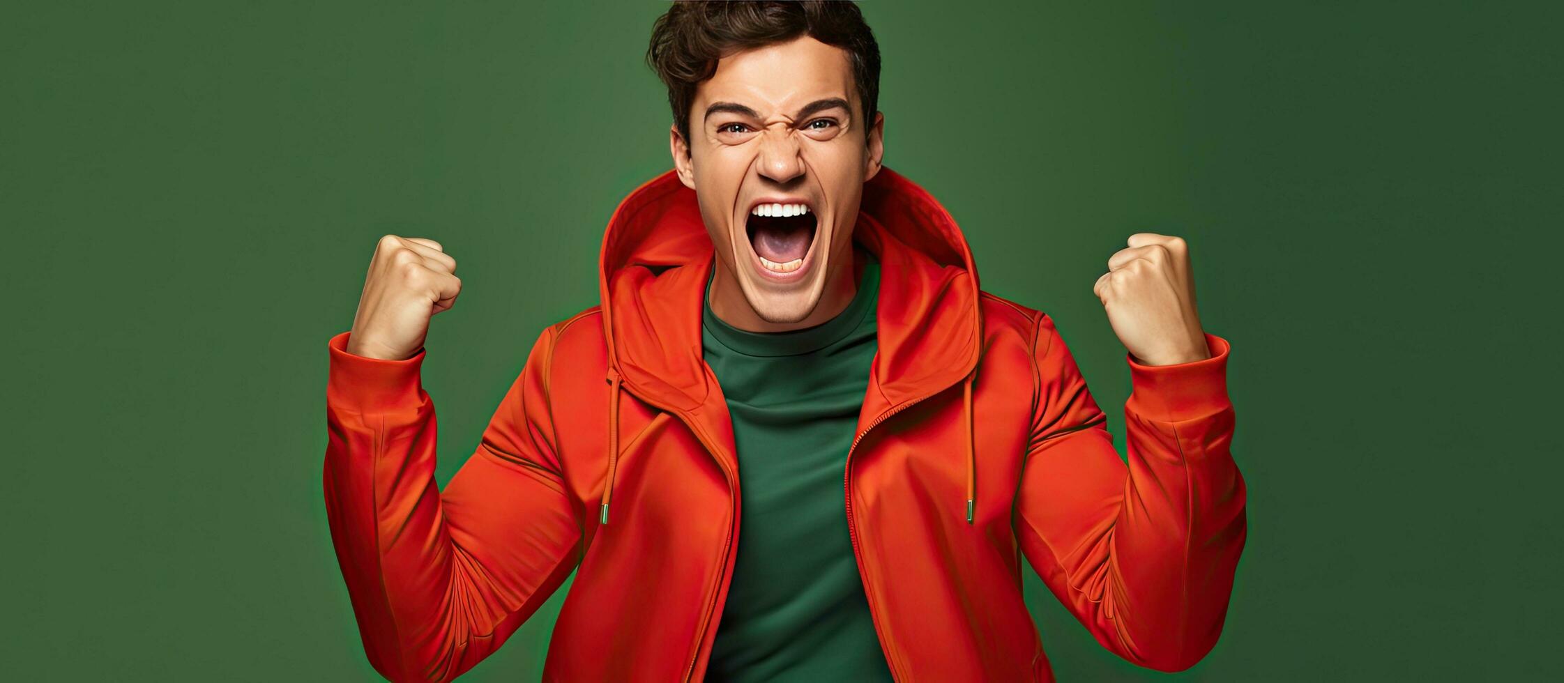 Brunet man in his 20s wearing a red t shirt and green jacket celebrates with a winner gesture isolated on an orange background photo