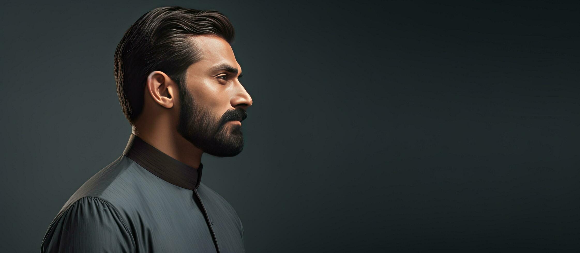 Profile portrait of a young man in traditional Pakistani attire with dark hair mustache and beard against a gray background Horizontal banner with empt photo