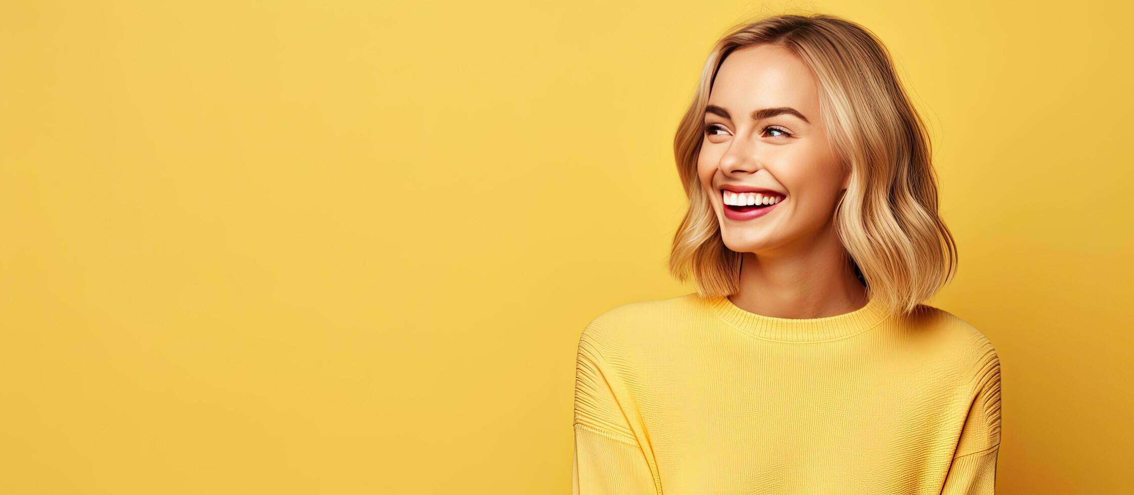 Blonde woman with white teeth happy expression and dressed casual poses for promotion on yellow background photo