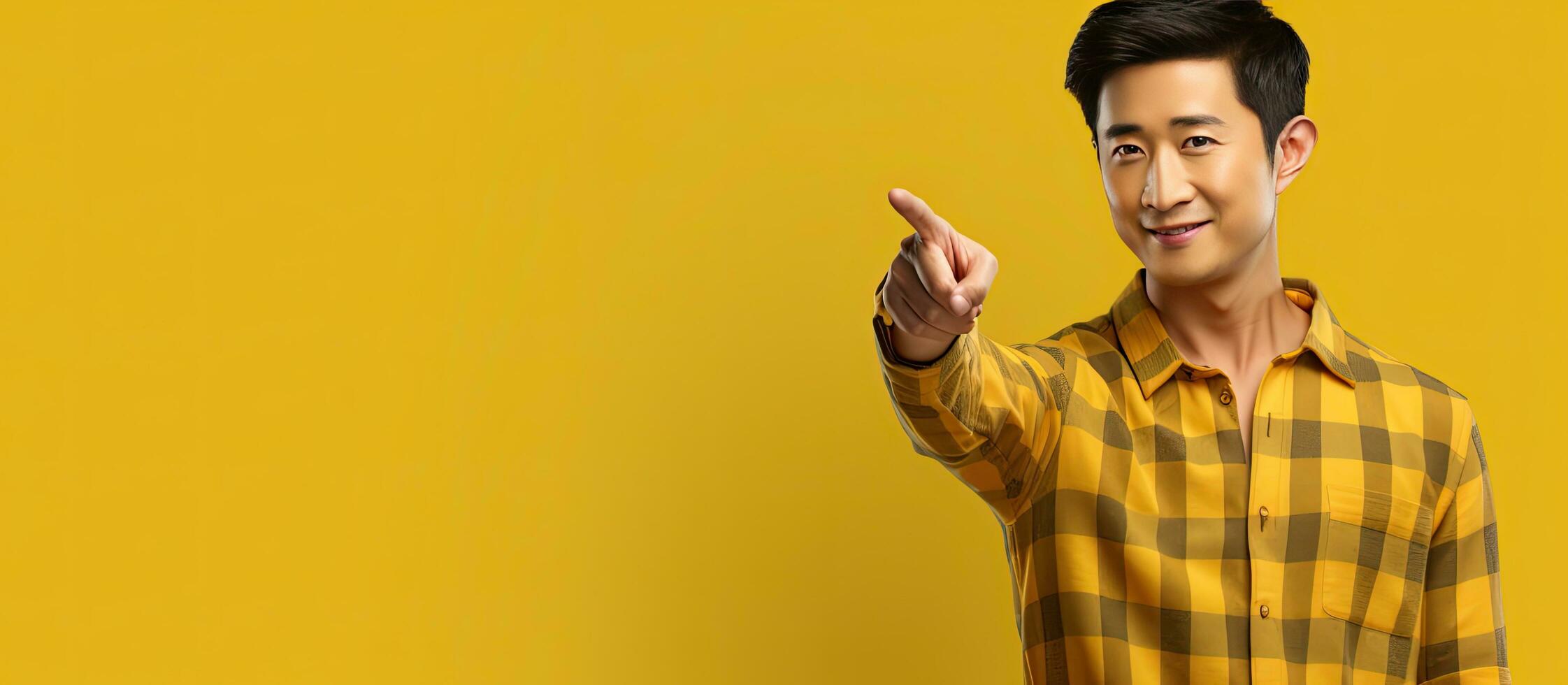 Young attractive Asian man in his 20s smiling wearing a plaid shirt pointing at an advertisement on a yellow background representing a lifestyle concep photo