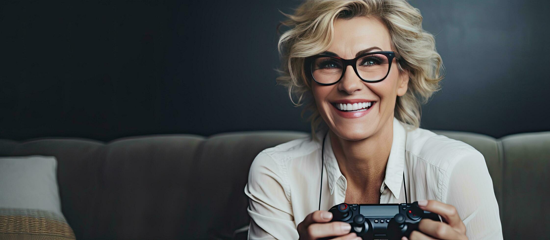 A blonde woman with glasses plays a video game using a joystick at home showing joy and celebrating a win photo