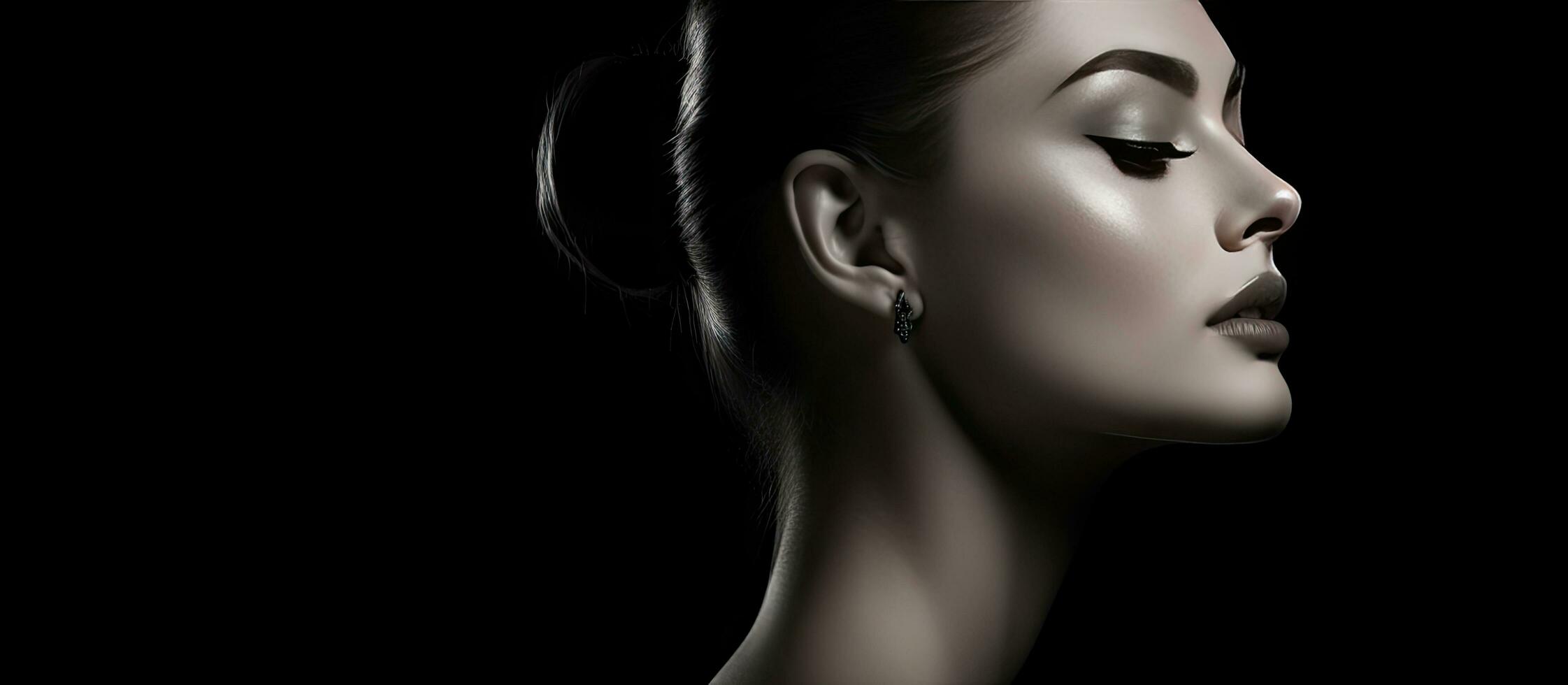 Young woman with glamorous makeup looking back over her bare shoulder black background with space for text in black and white photo