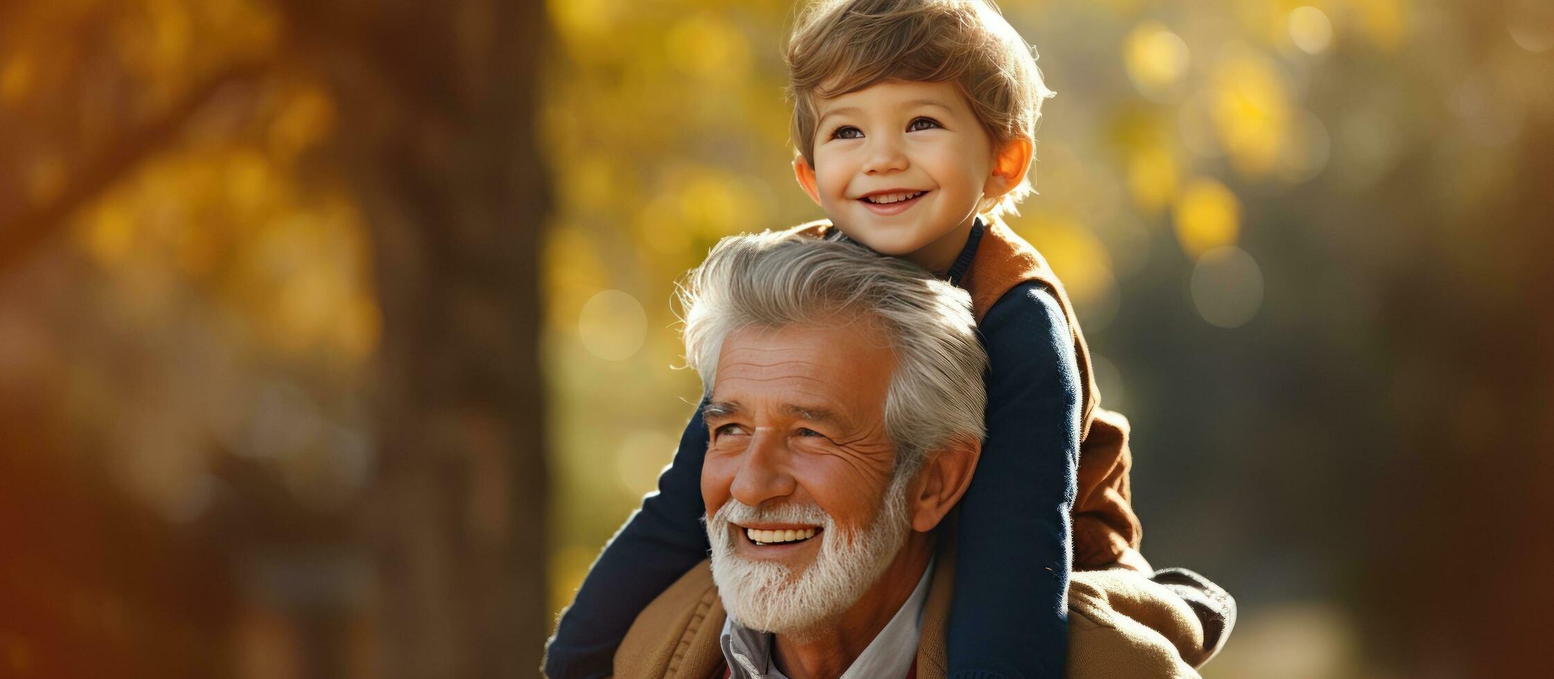 Grandson rides on grandfather s shoulders during park walk photo