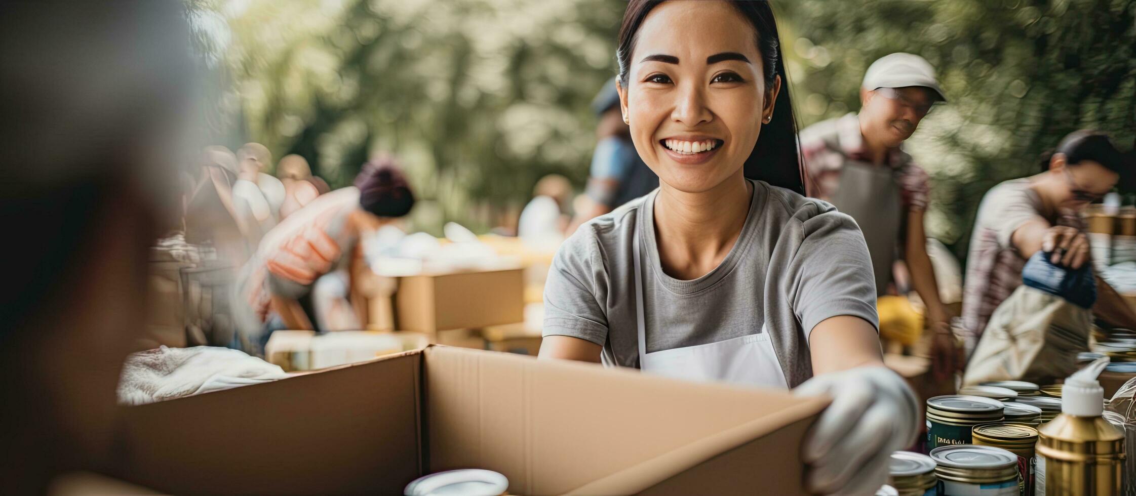 Asian woman volunteers at help event packs canned food in boxes smiles for portrait photo