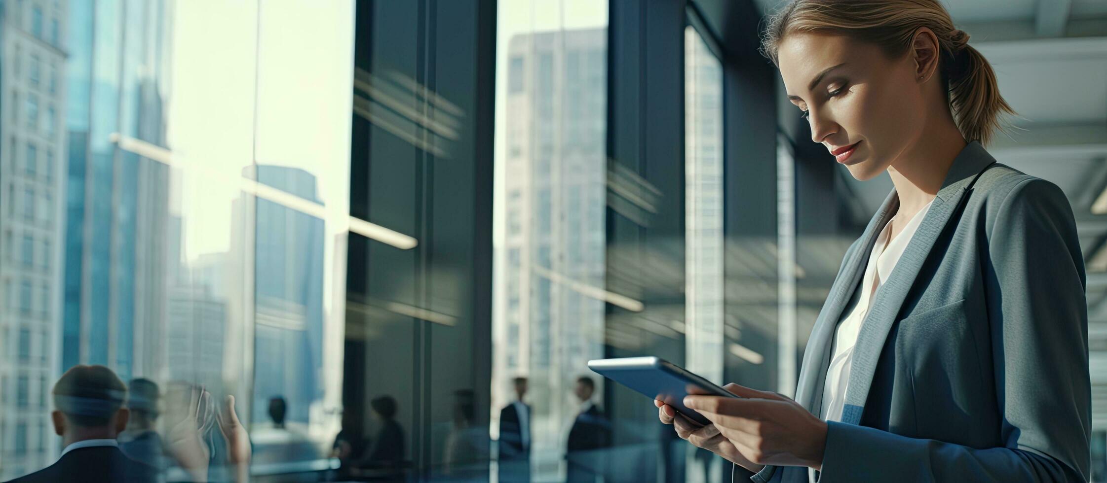 A beautiful businesswoman with a tablet in an office building gazing over the city through windows photo