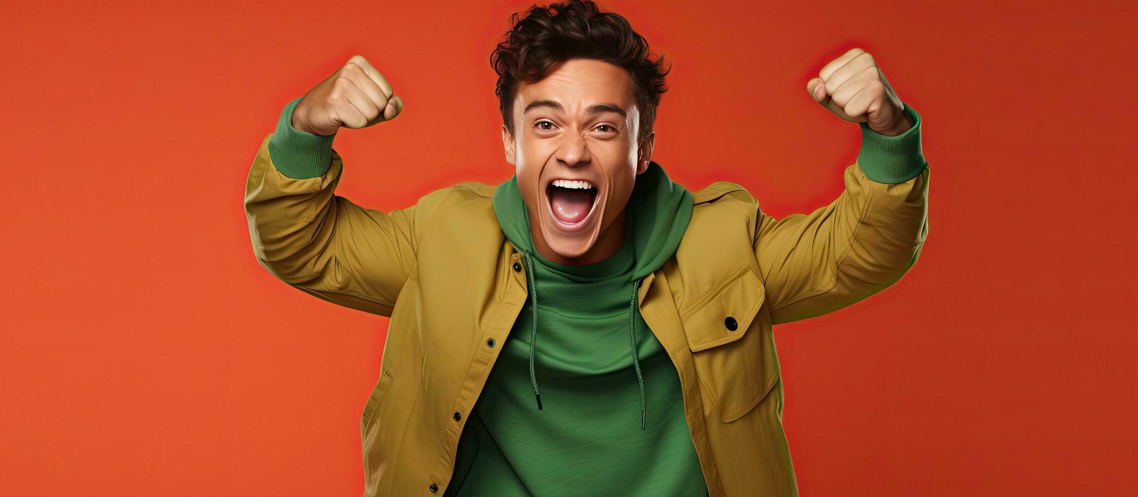 Brunet man in his 20s wearing a red t shirt and green jacket celebrates with a winner gesture isolated on an orange background photo