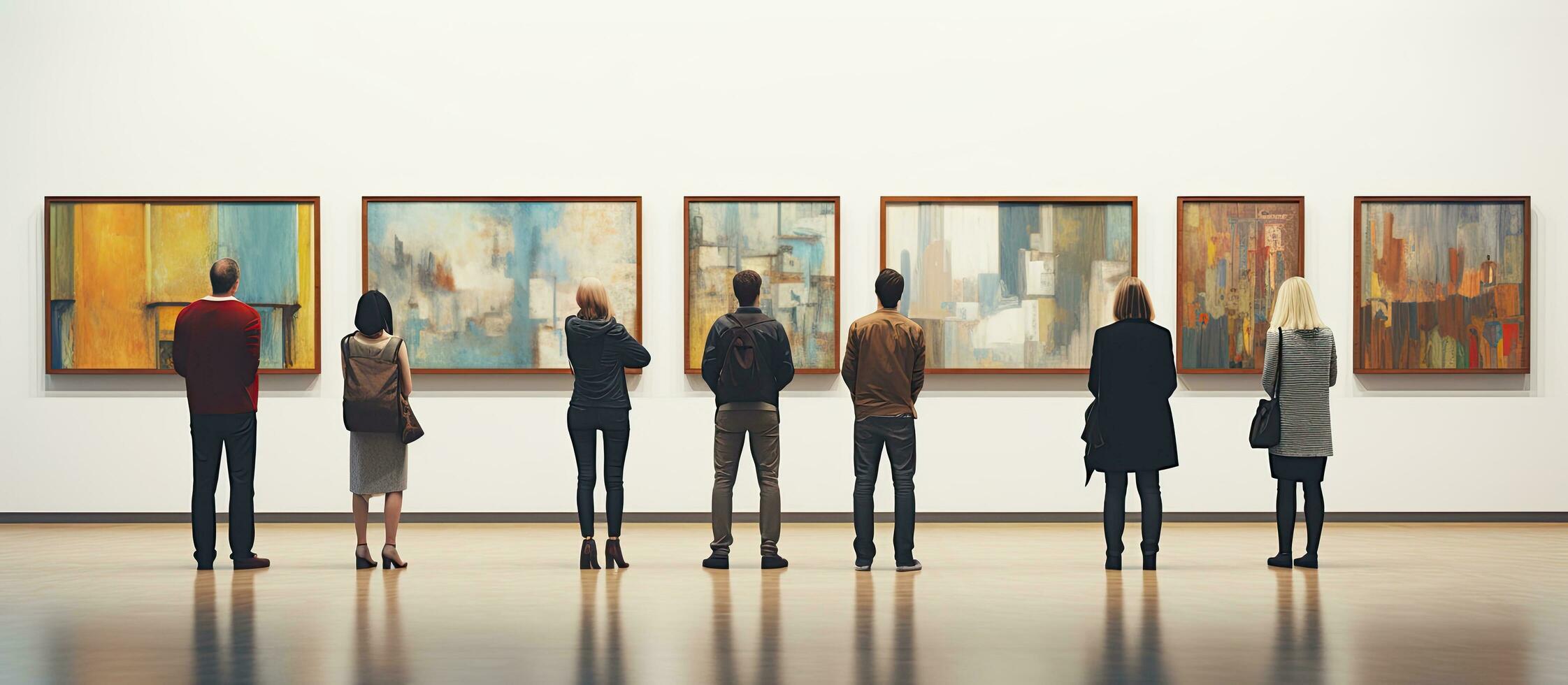 Attendees at the modern art exhibit examining a blank space atop a singular artwork photo