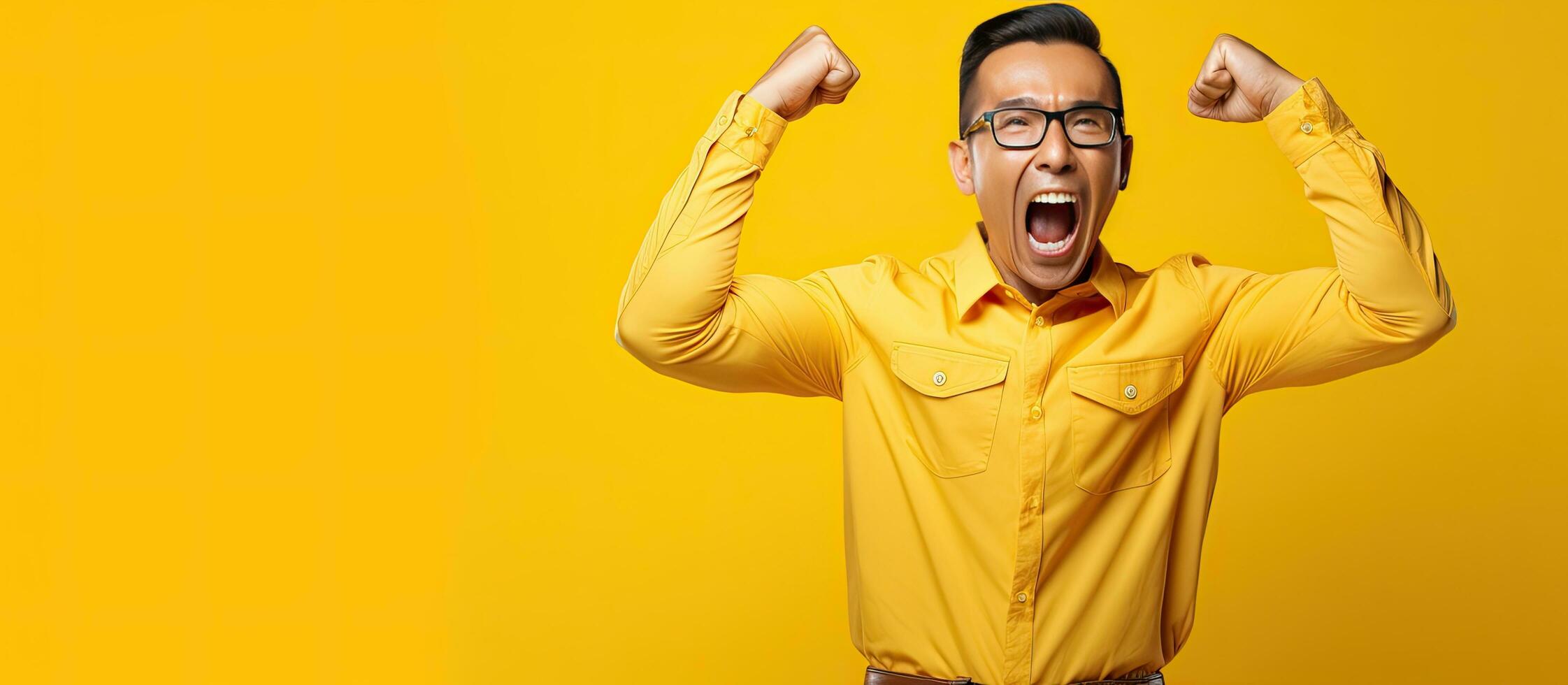 Excited Asian worker celebrating International Labor Day photo