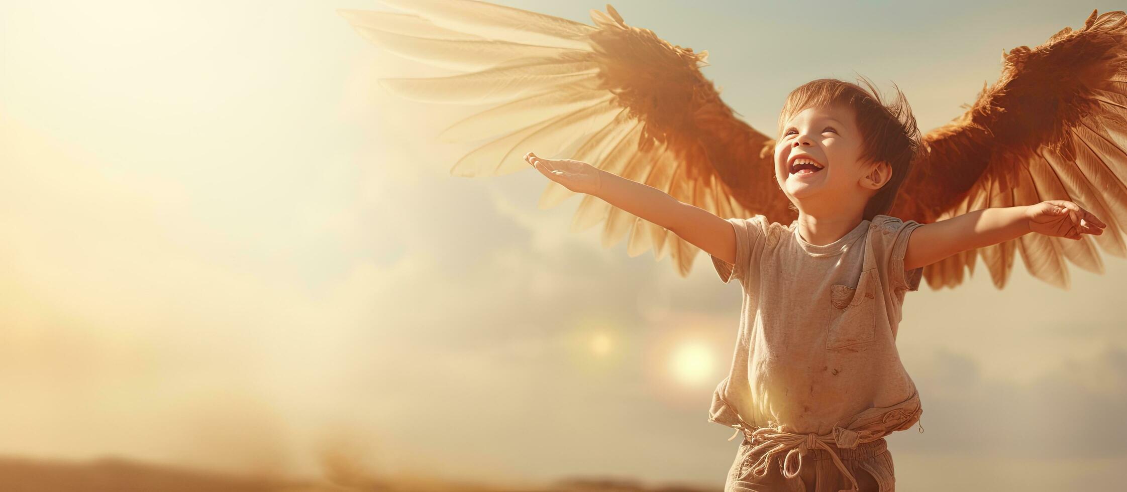 Child playing happily with toy wings against summer sky backdrop Vintage tinted photo