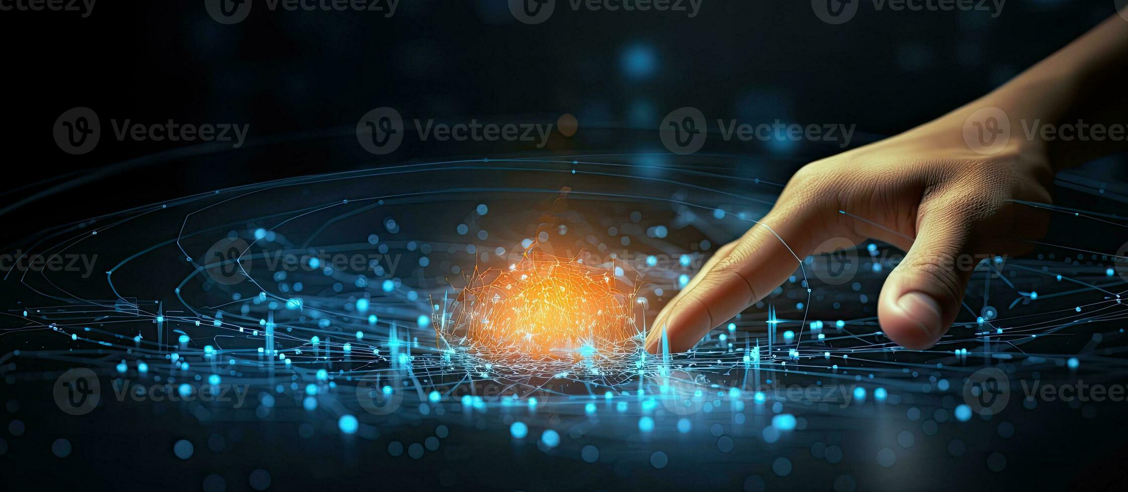 Background with hand touching circular diagram on virtual screen showing technology innovation network big data and internet photo
