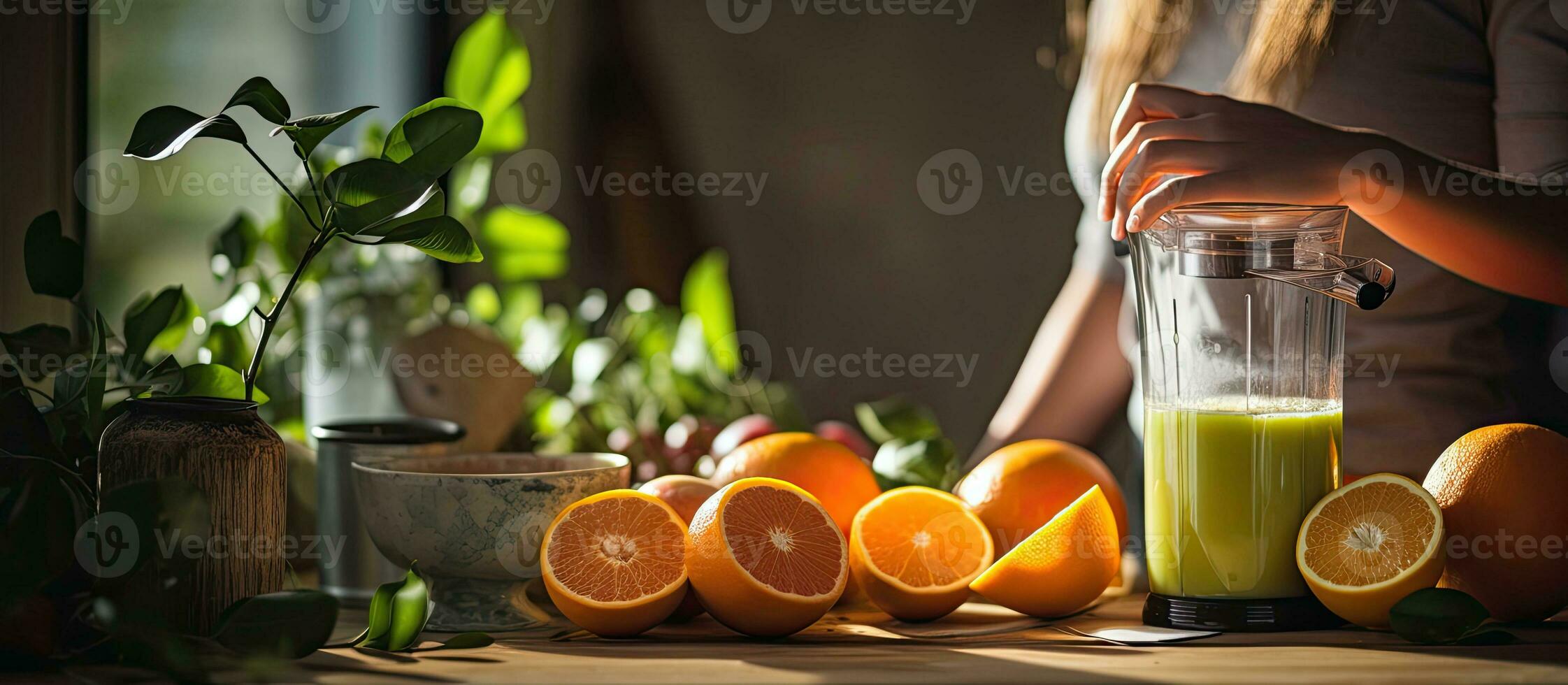 Beautiful Caucasian woman preparing a healthy juice by blending fruits and vegetables in her