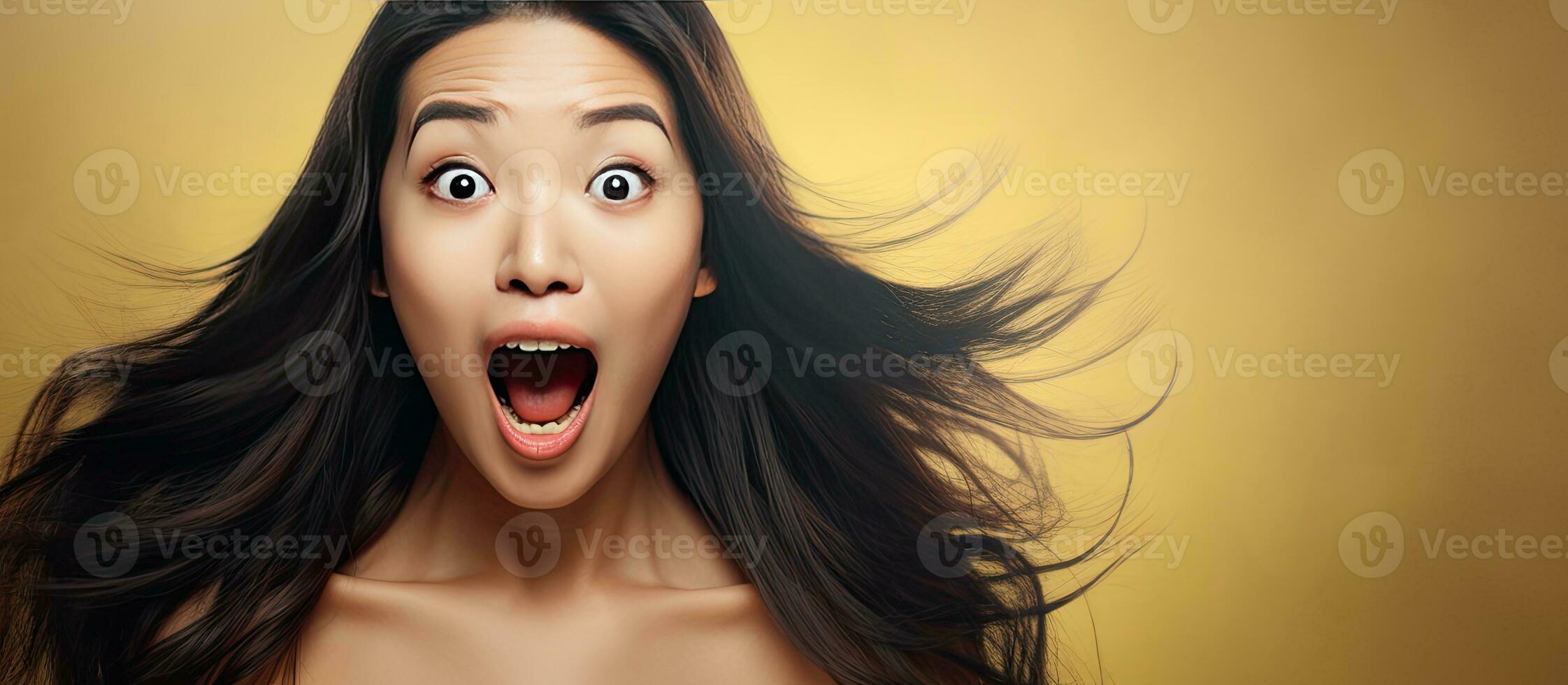 Excited Asian woman presenting a product with a surprised and happy expression and open mouth looking at the copy space photo
