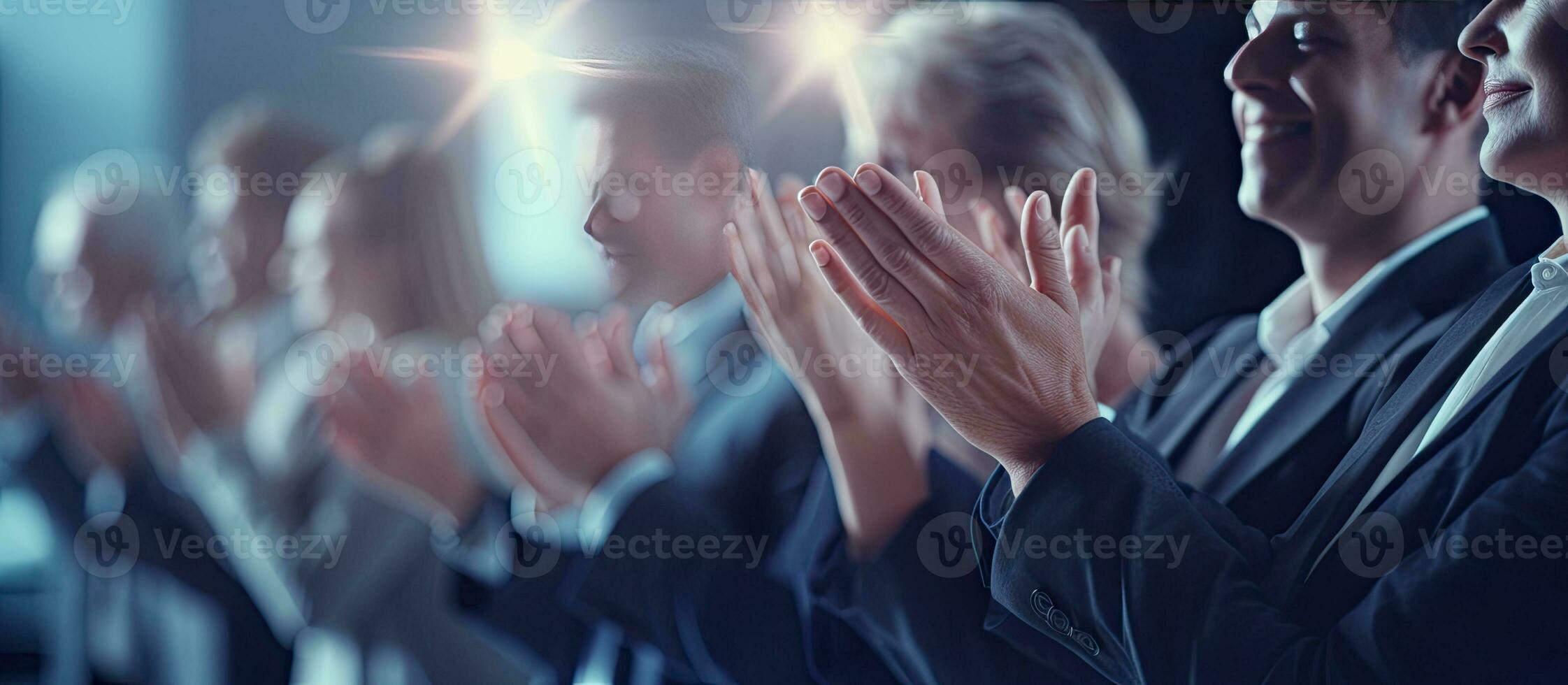 Row of applauding business people with banner background photo