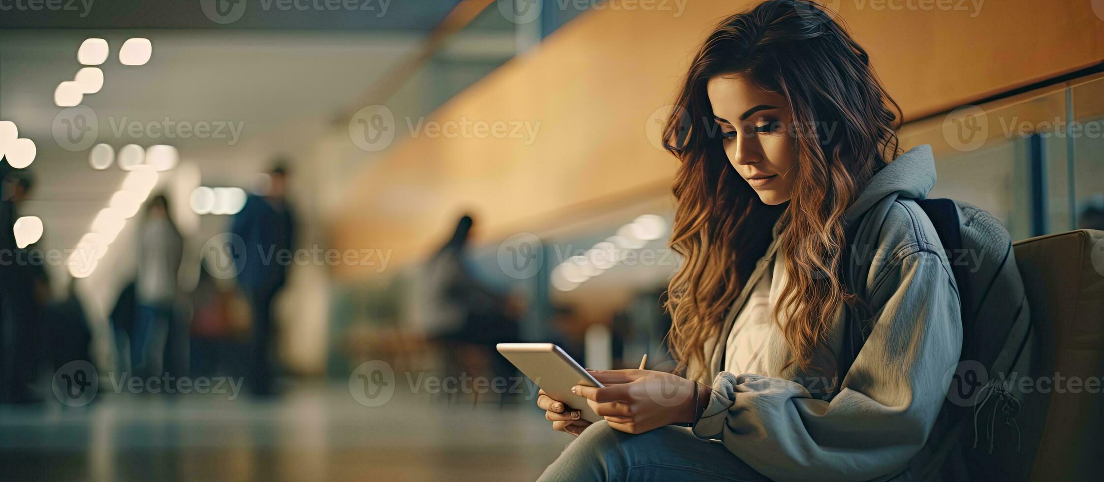 Female student using touch pad in university recreation hall freelancer girl working on digital tablet with copy space hipster woman using touchscreen photo