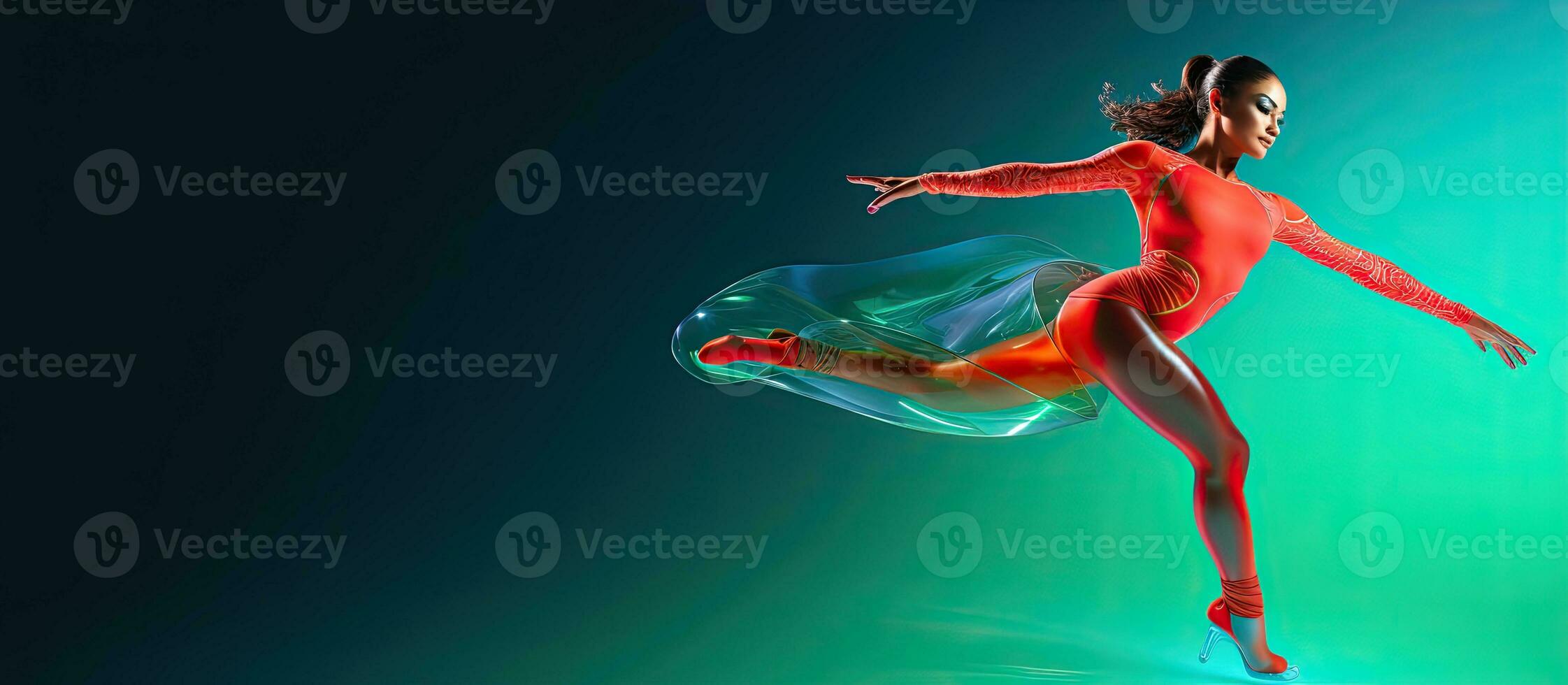 Junior female figure skater in red costume performs on neon green blue background representing sport beauty and winter sports photo