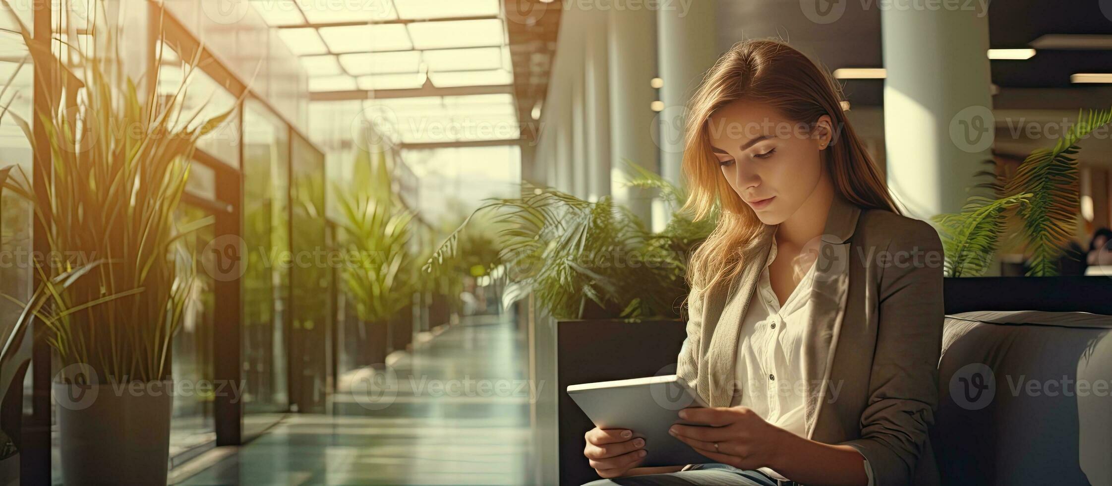 Female student using touch pad in university recreation hall freelancer girl working on digital tablet with copy space hipster woman using touchscreen photo