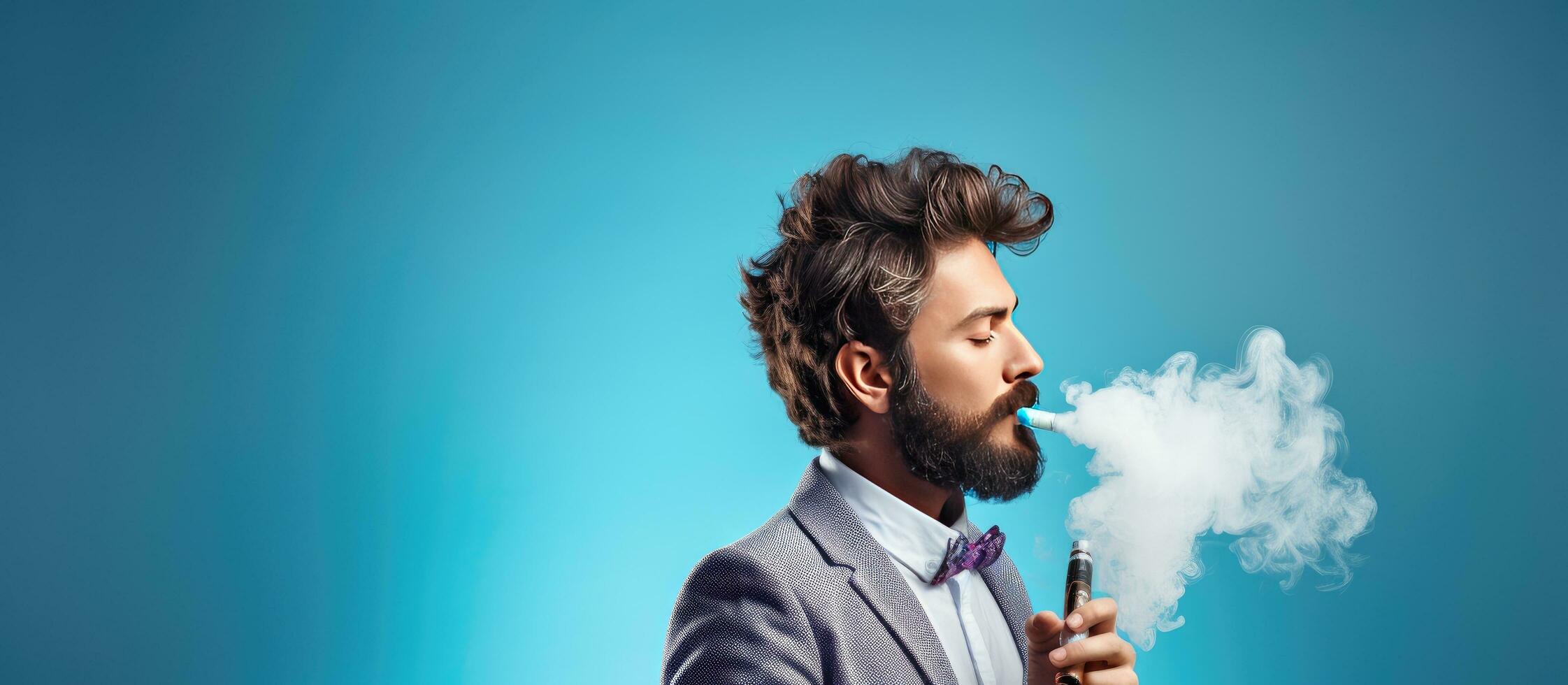 Blue background man using vaping device room for text photo