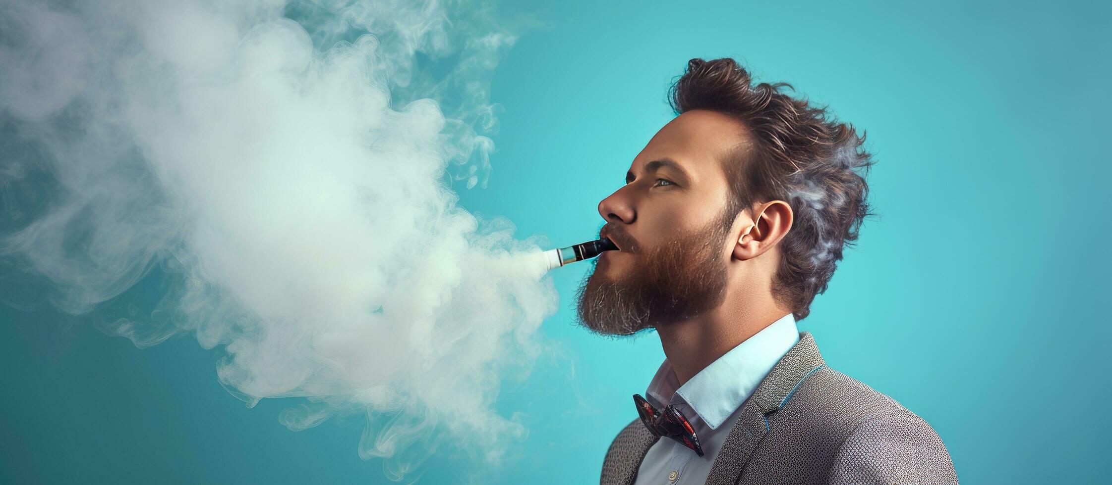 Blue background man using vaping device room for text photo