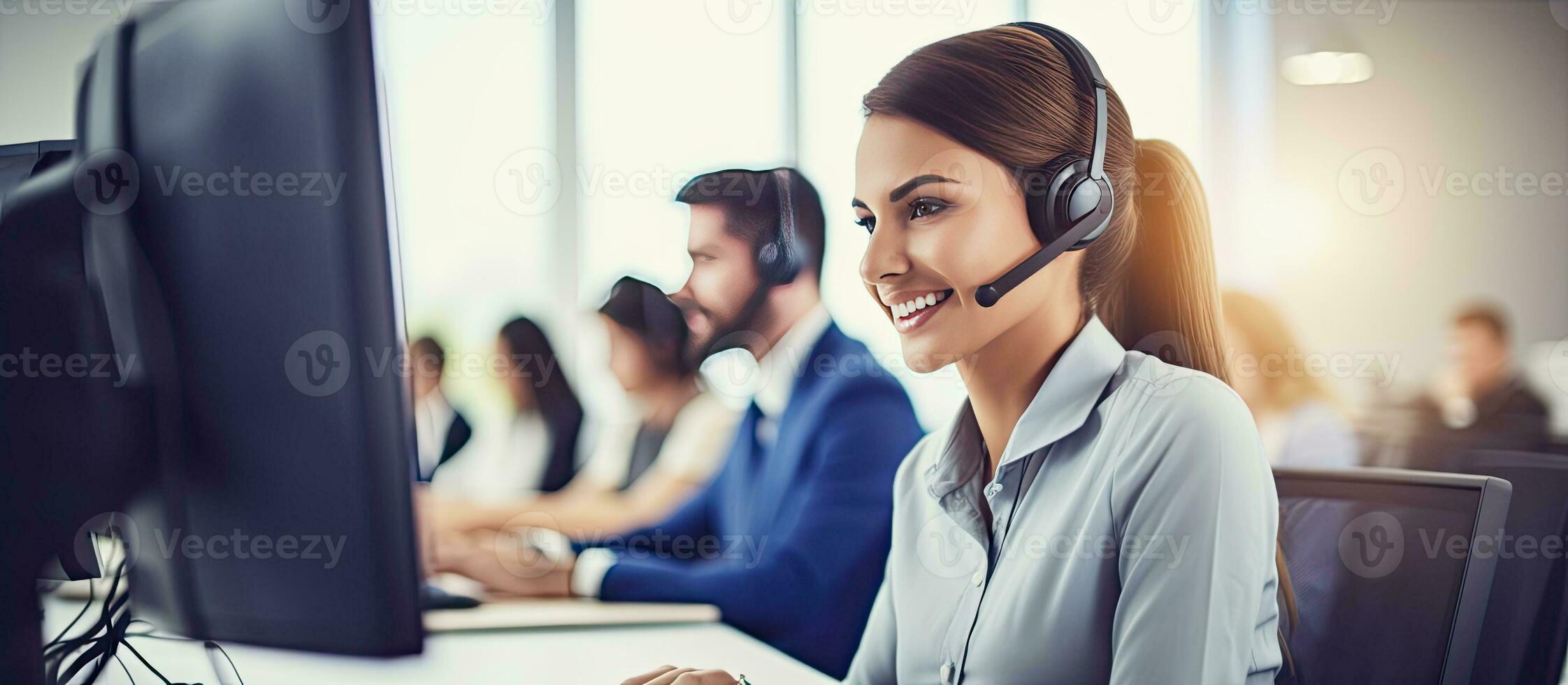 Call center employees with headsets working at their desks in office empty area photo