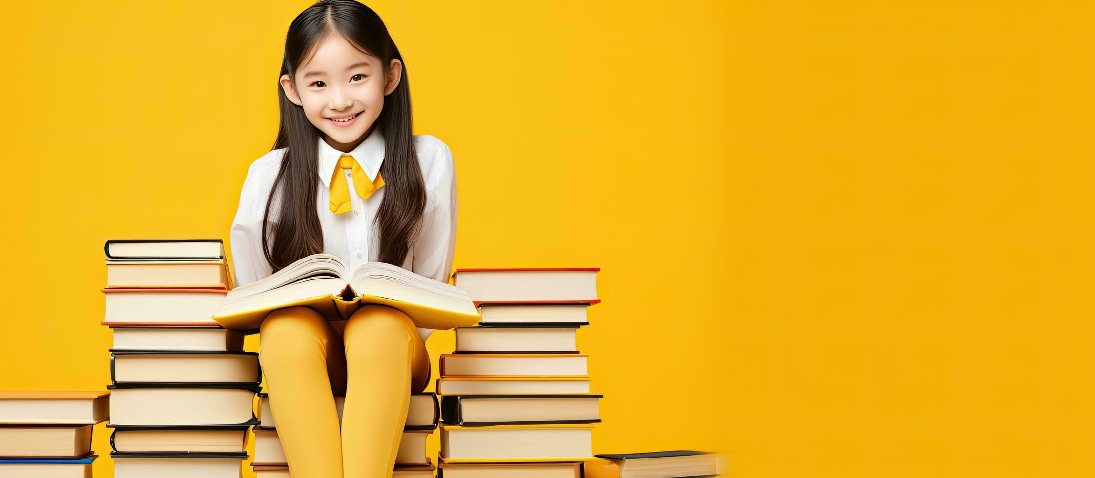 Chinese schoolgirl sitting posing on yellow background with books Studio photo text space