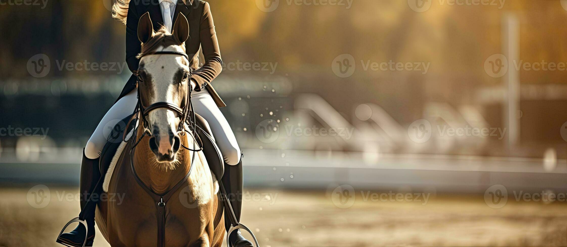 Teenage girl participating in advanced dressage test on horseback photo