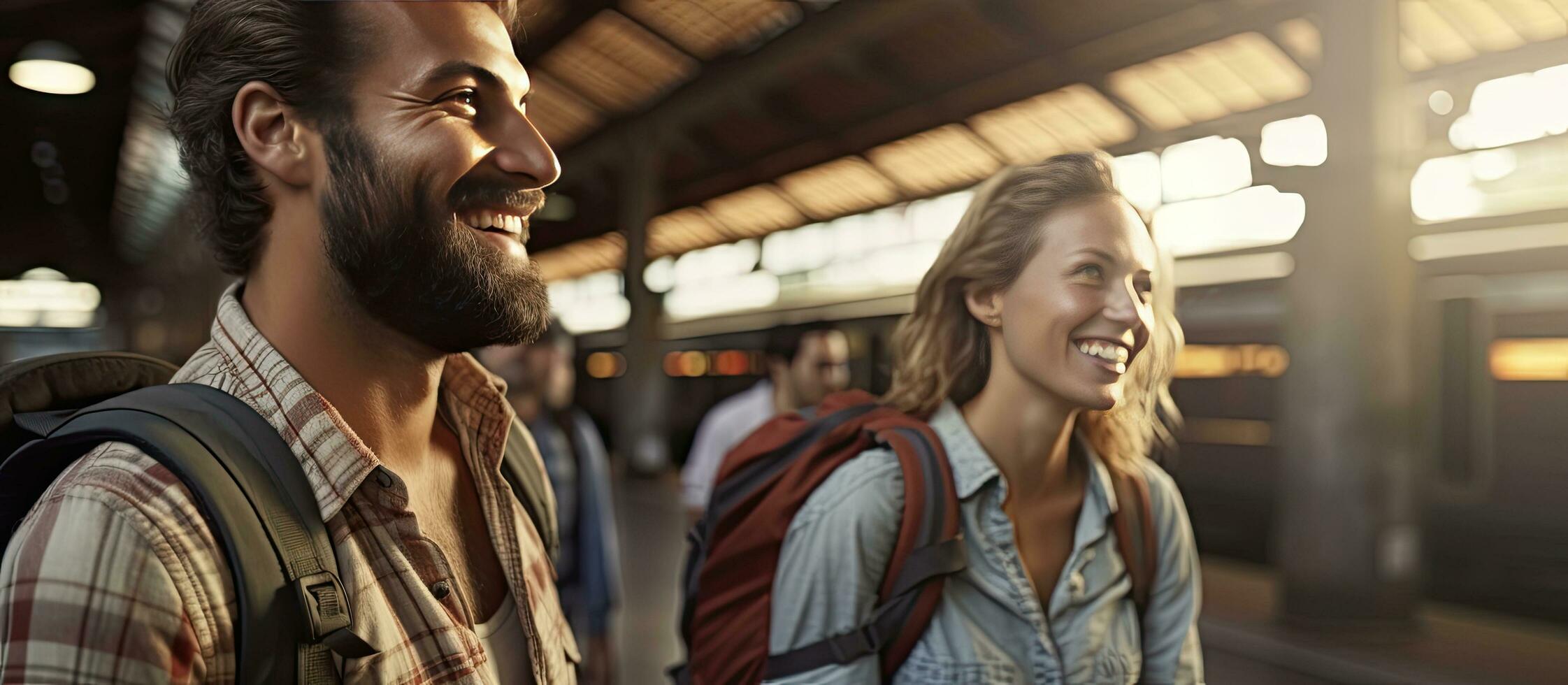 turistas son emocionado esperando para su viaje en el tren estación foto