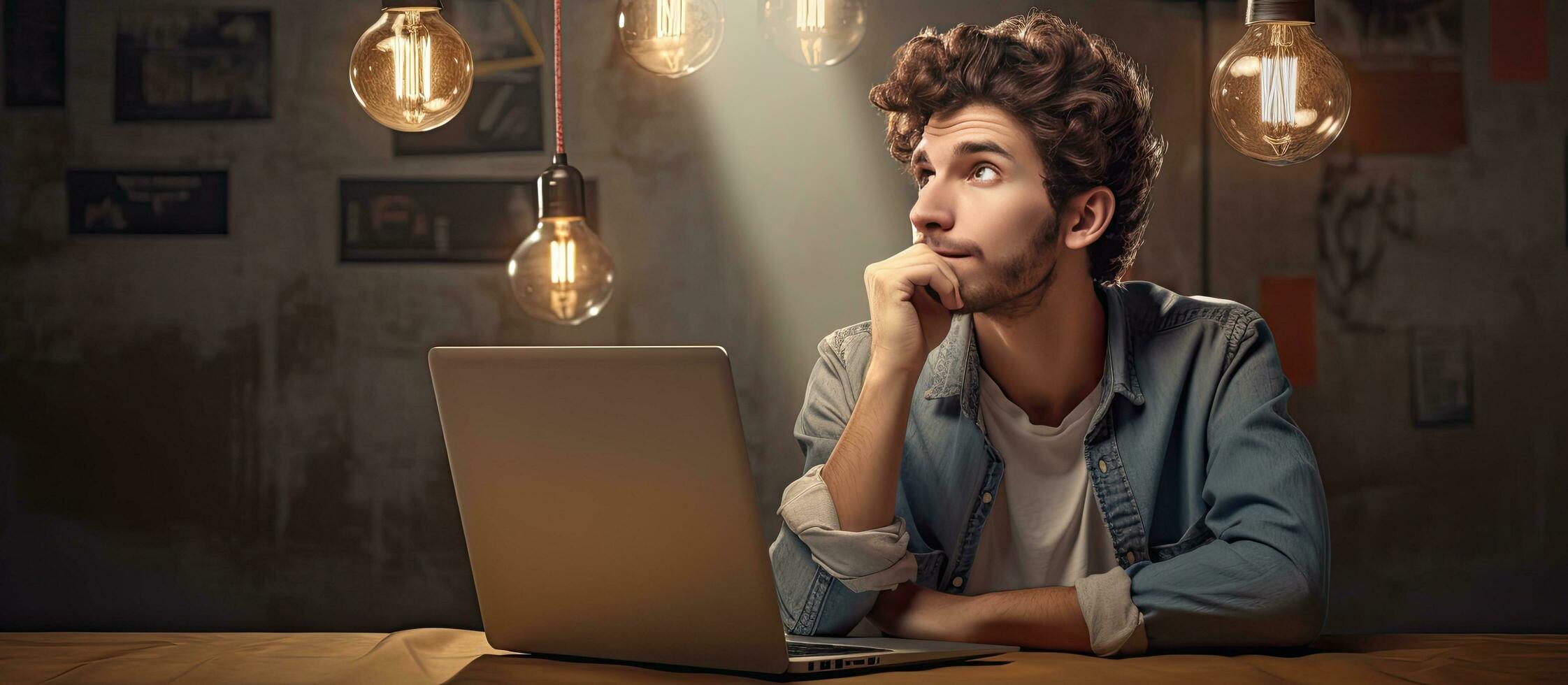 Young entrepreneur thinking up new ideas while working on a laptop at a table at home photo