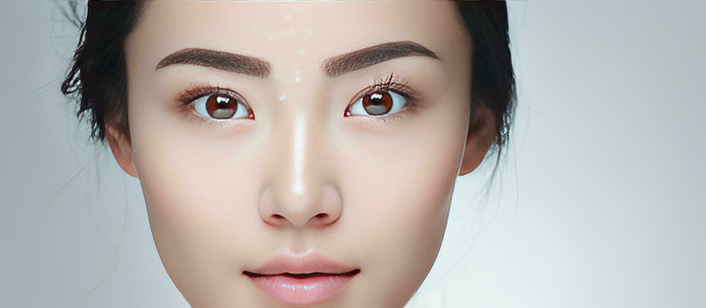 Half of the face of an Asian woman with fresh skin and freckles is featured on a white banner background photo