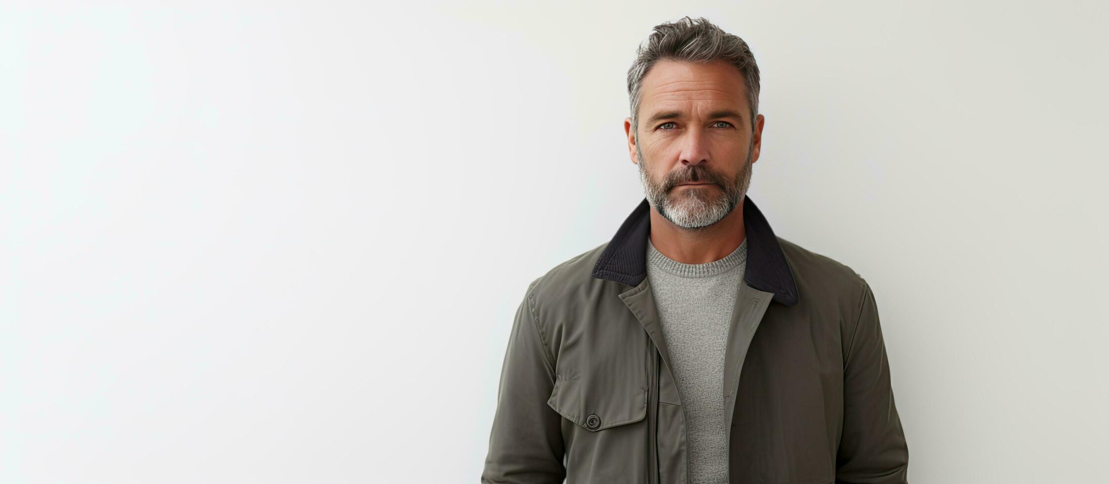 Mature man in grey jacket poses against white wall with blank area photo