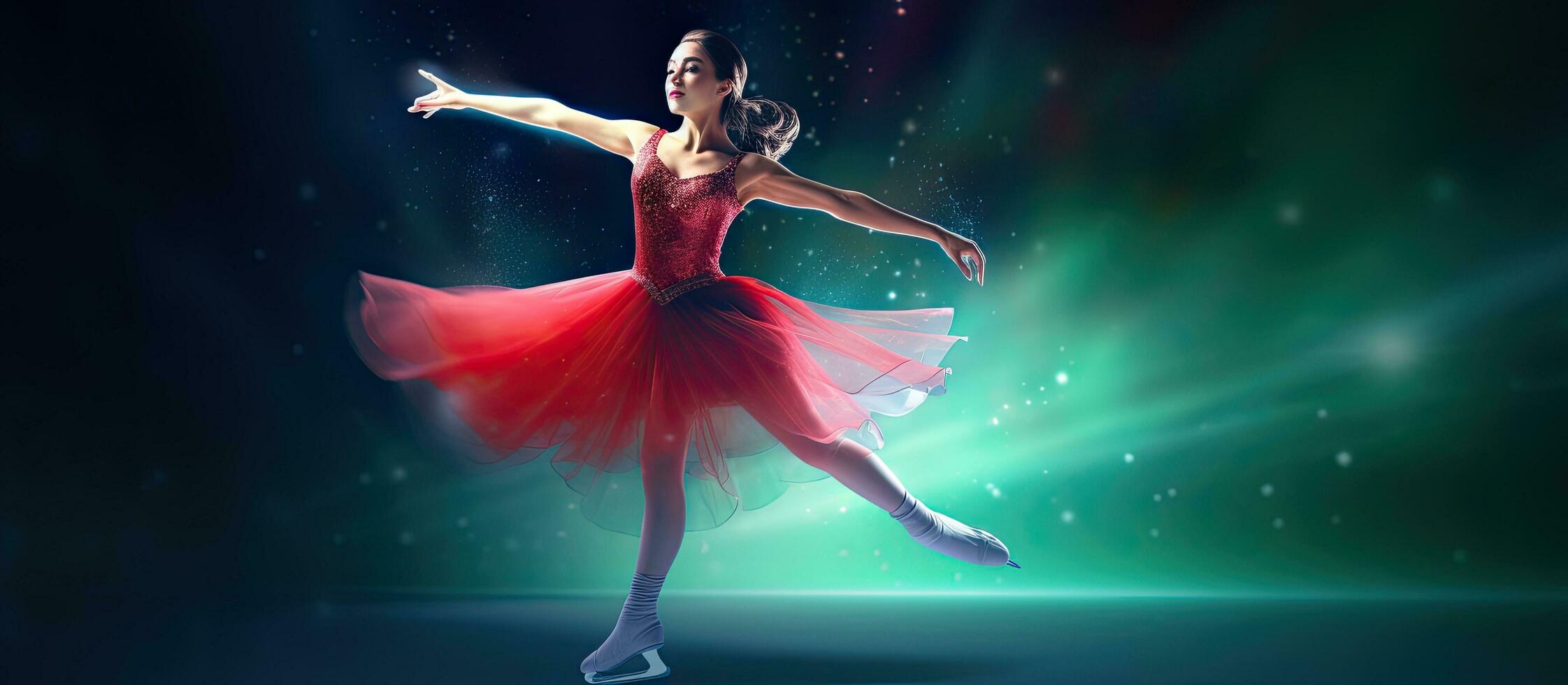 Junior female figure skater in red costume performs on neon green blue background representing sport beauty and winter sports photo