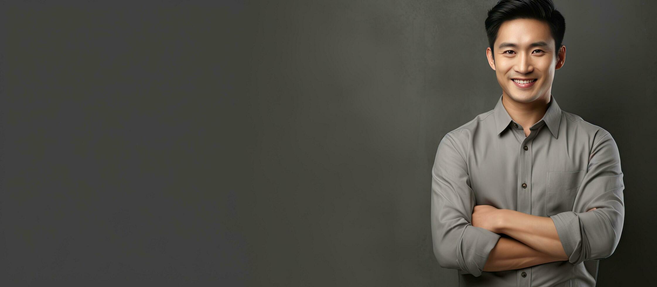 Portrait of happy Asian man with crossed arms looking aside at empty space against gray background photo