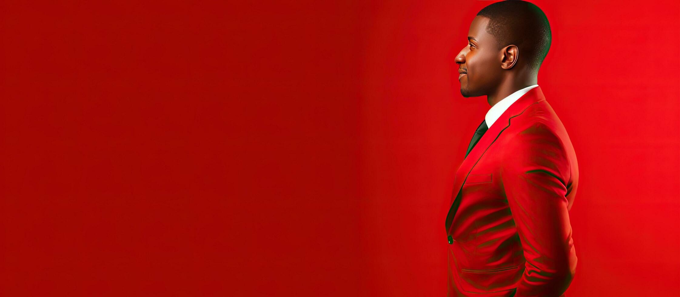 Portrait of a young confident African American businessman in a stylish suit standing with crossed hands and a smile against a vibrant red background photo