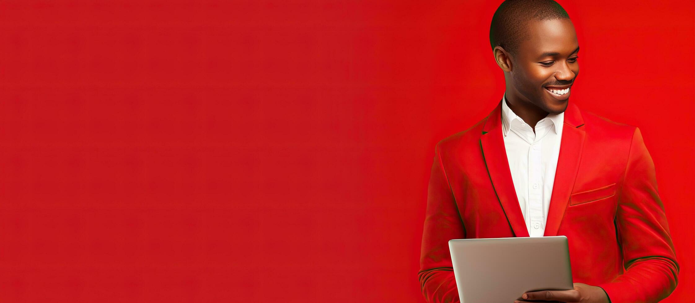 Portrait of a young confident African American businessman in a stylish suit standing with crossed hands and a smile against a vibrant red background photo