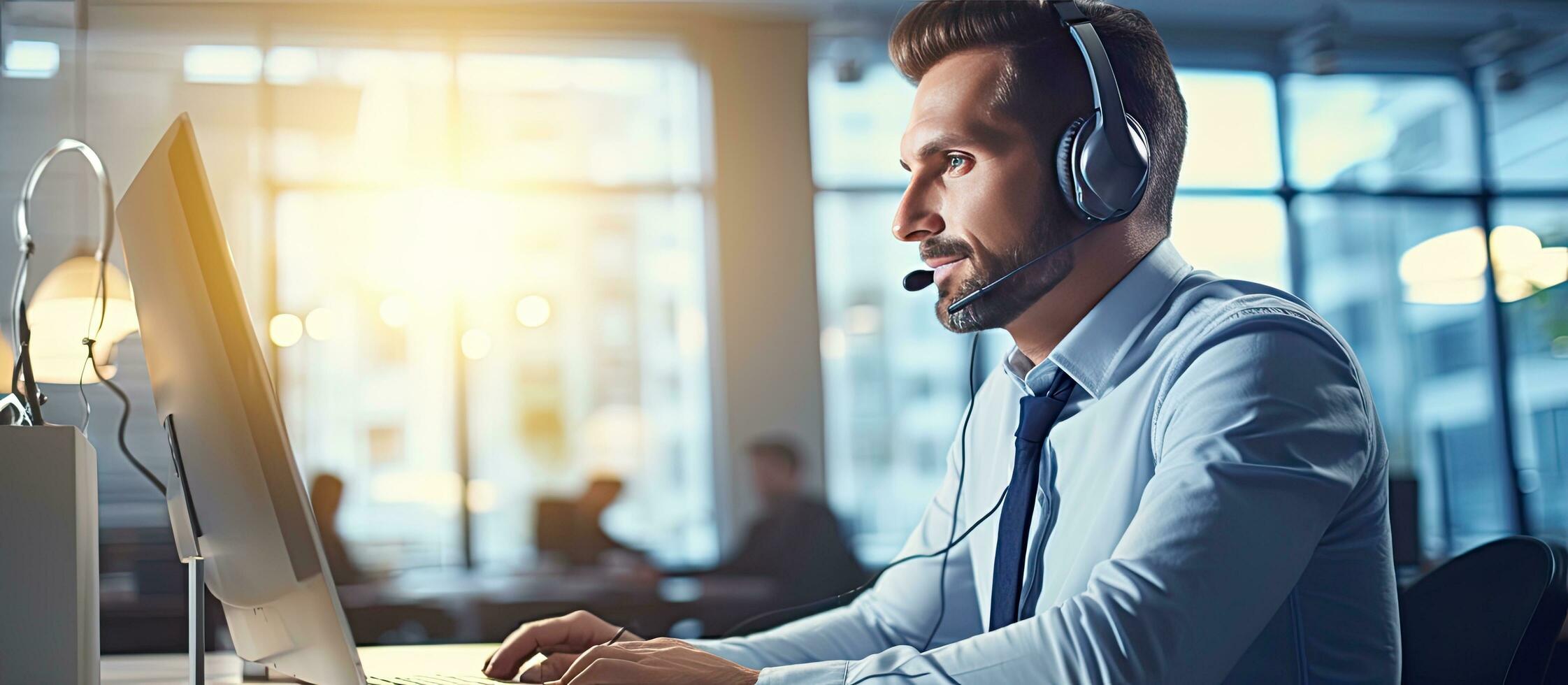 Male customer support worker on computer in office with available table space photo