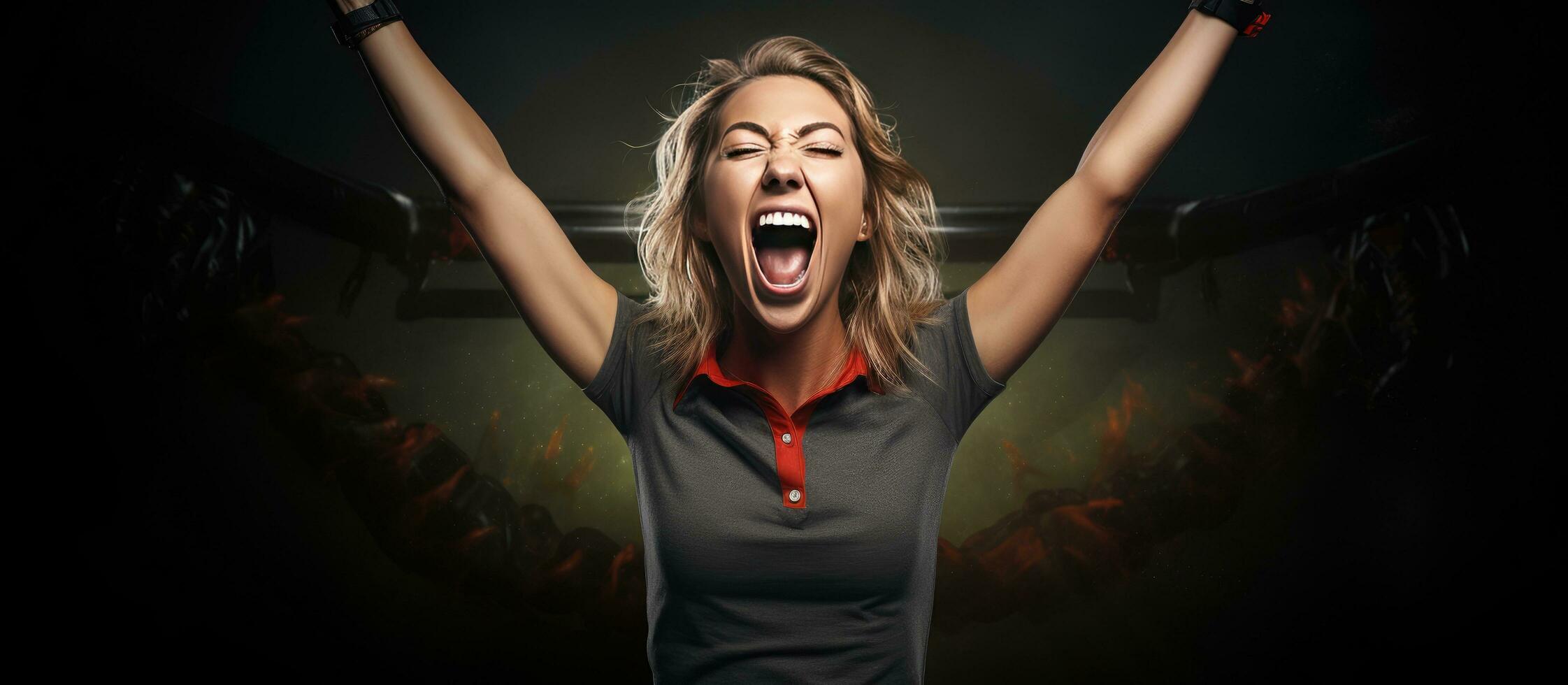 A Caucasian woman celebrating National Golf Month by raising her arms in a winner s pose surrounded by text on a black background photo