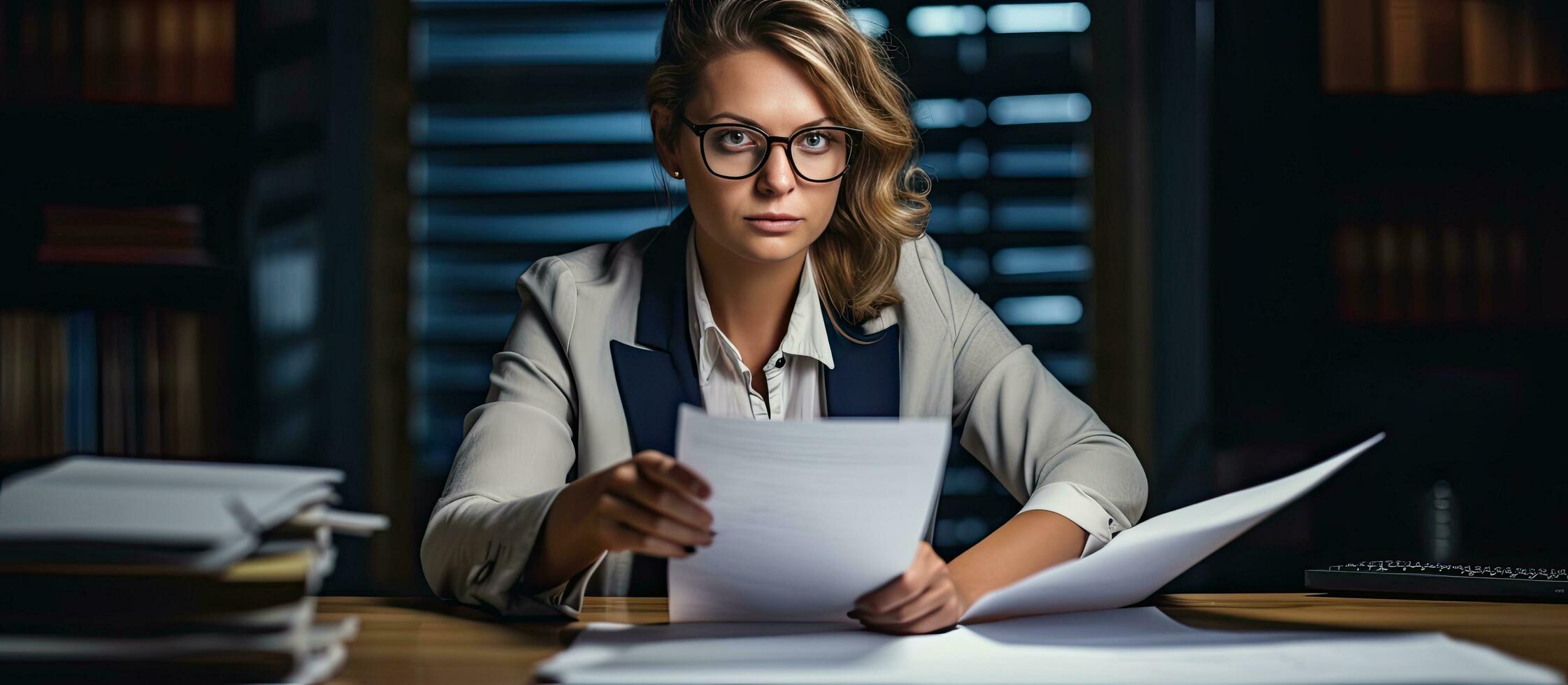 A Caucasian woman entrepreneur or secretary sitting at her office desk checking documents and signing a contract while wearing a shirt photo