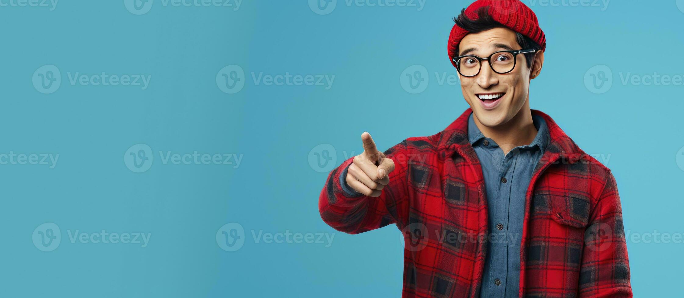 Asian man with glasses and beanie hat pointing away with a smartphone on a blue background photo