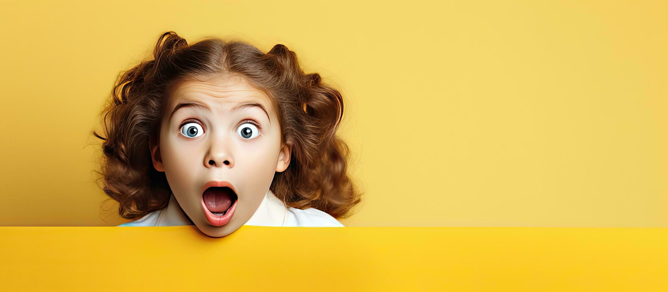 A girl presenting a product on a yellow background for a big sale isolated portrait with copy space photo