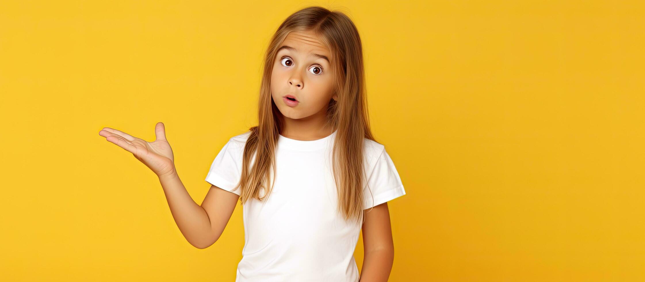 Bewildered Caucasian girl in white T shirt against yellow backdrop showing open palm with copy space photo