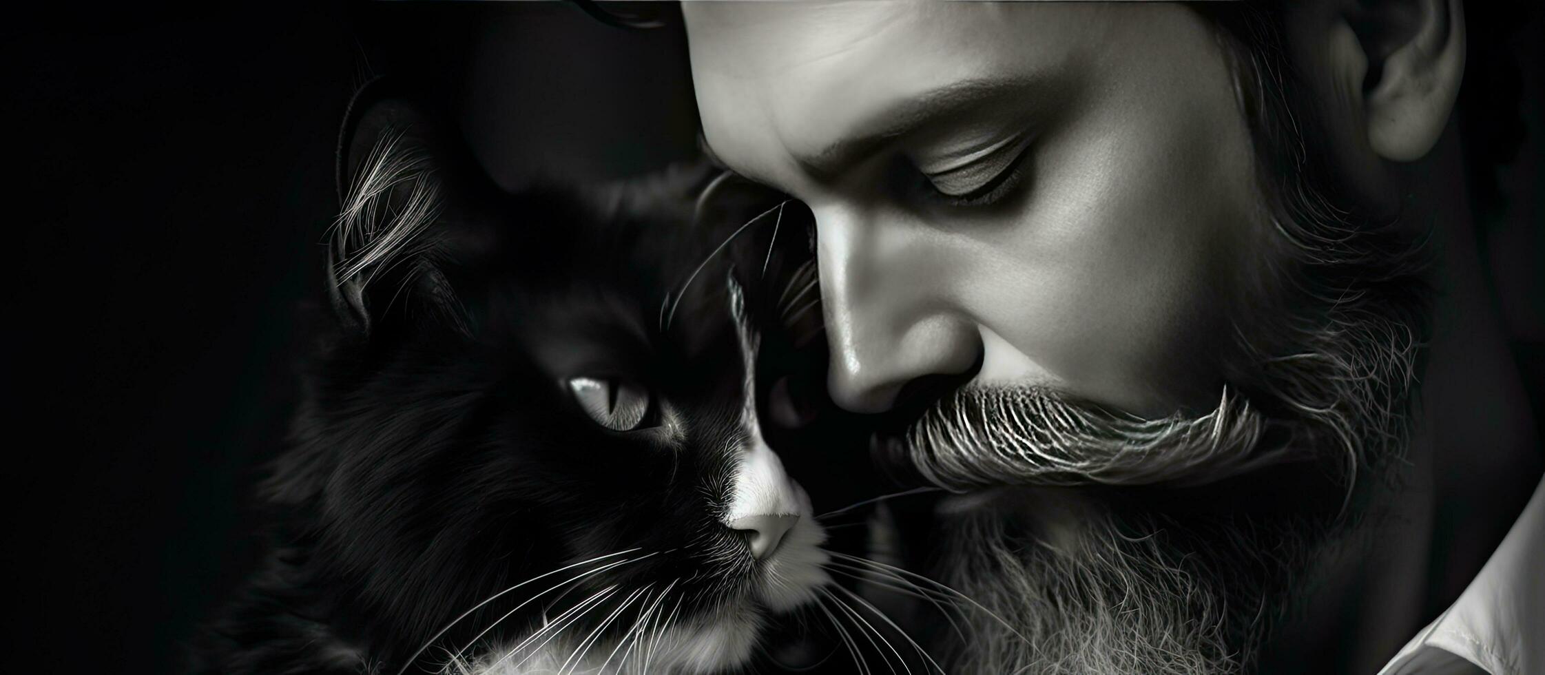 Affectionate connection between man and black and white cat photo